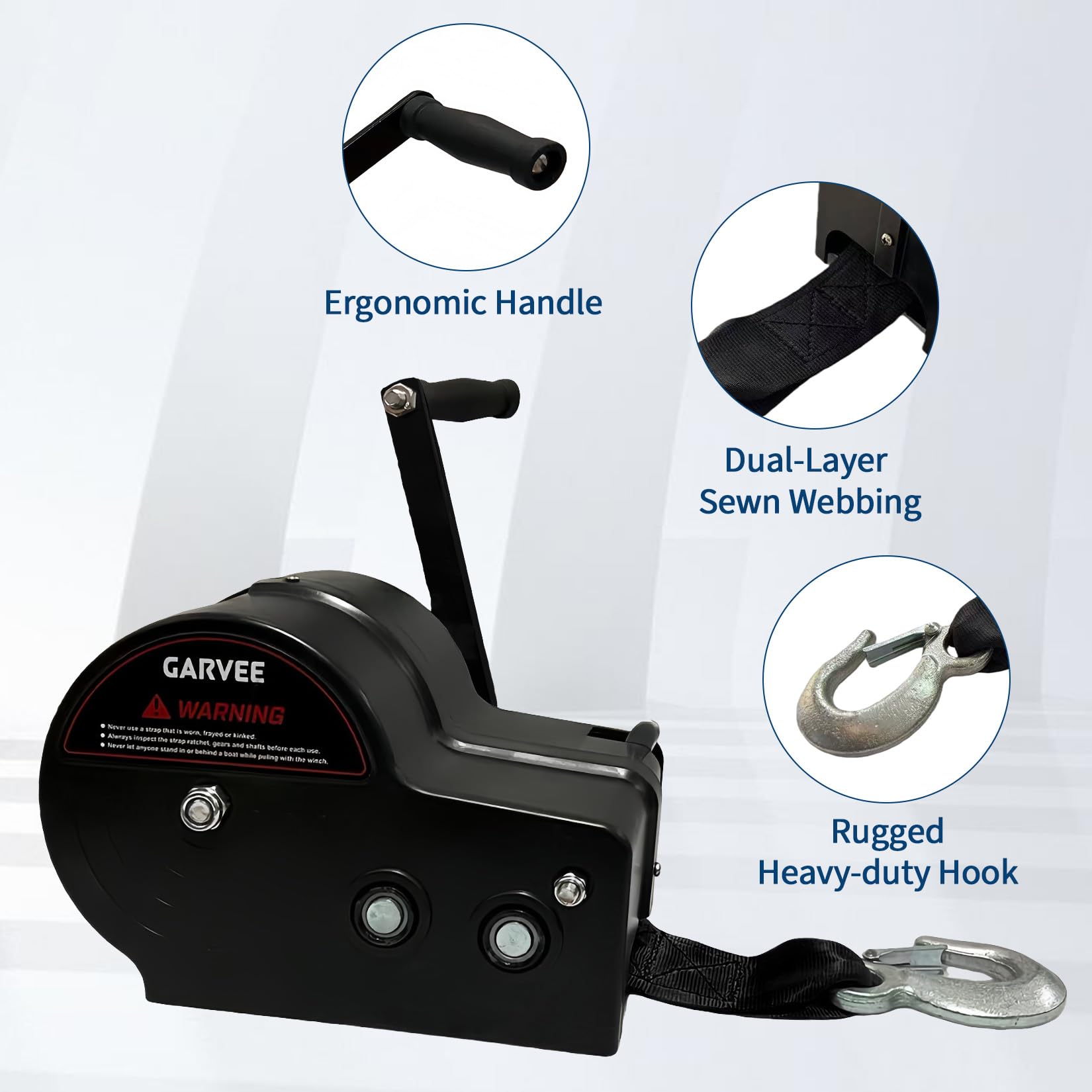 Garvee 3500 lbs Heavy-Duty Boat Trailer Winch - Hand Crank Winch with 33ft Strap, 4:1/8:1 Gear Ratio for Towing and Pulling Boats, Trailers, Trucks, RVs, ATVs, Jet Skis, and Off-Road Recovery, Black