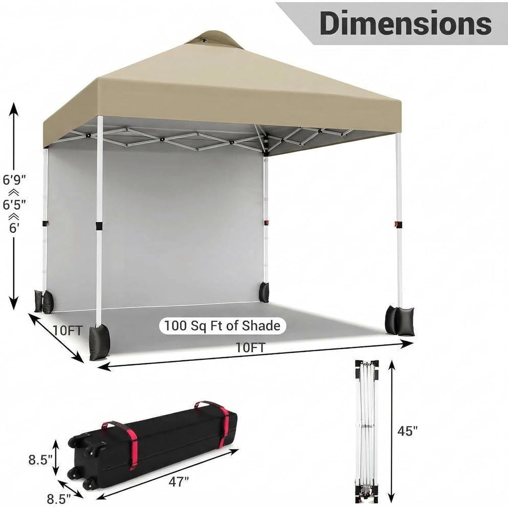 Garvee 10x10 Pop Up Canopy Tent with Sidewall, Instant Outdoor Canopy Shelter with Vented Roof, One Push Easy Setup Gazebo Includes Wheeled Storage Bag, Sandbags, Stakes & Ropes for Camping, Picnic & Backyard, Khaki