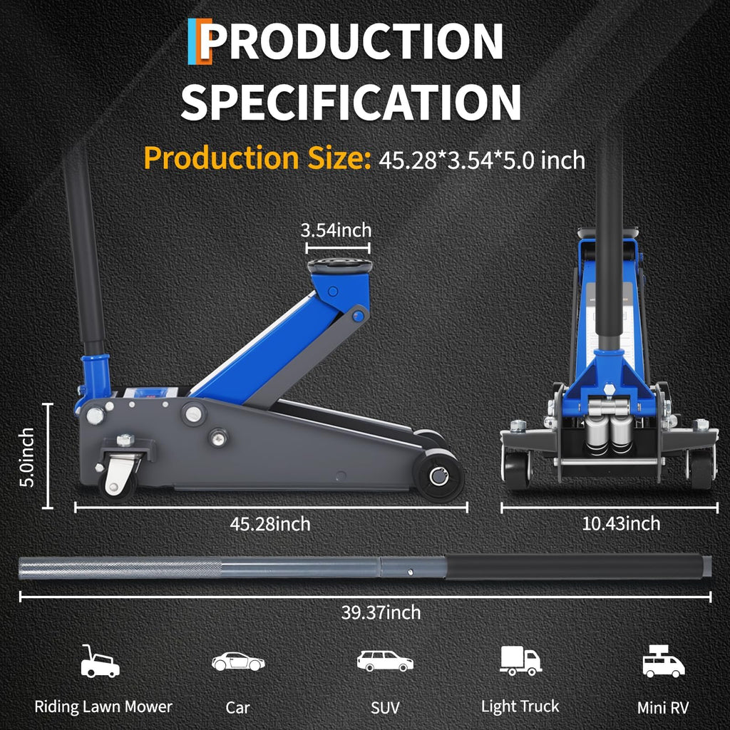 Garvee 3 Ton Low Profile Hydraulic Racing Floor Jack with Dual Piston Quick Lift Pump Heavy Duty Steel Overload Protection 5-13.39 Inch Car SUV Truck, Blue