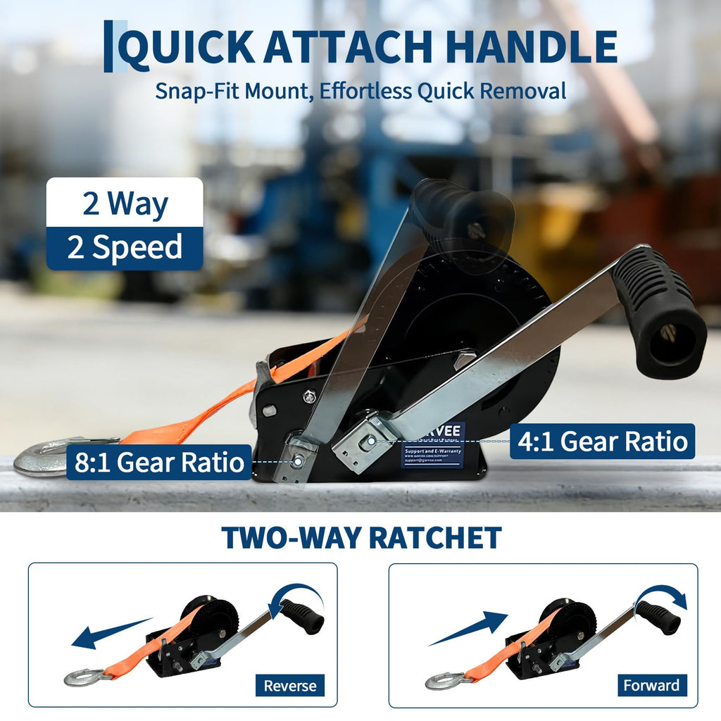 Garvee 3500lbs Heavy Duty Boat Trailer Winch with 33FT Strap, Dual-Speed 4:1/8:1 Gear Ratio & 2-Way Ratchet, Professional Hand Crank Winch for Pulling Boat, Trailer, Truck, RV, ATV, Jet Ski