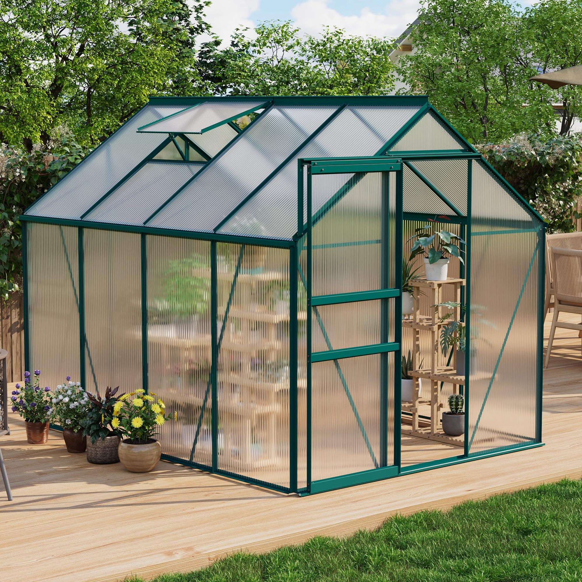 Garvee Walk-in Greenhouse 6x8 FT Aluminum Frame with Roof Vent Rain Gutter Sliding Door Perfect for Outdoor Patio Backyard Garden Apartment Balcony