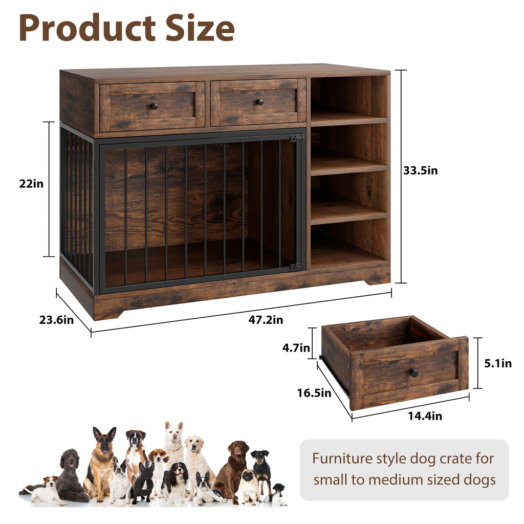 Garvee 47" Dog Crate Furniture Indoor with 2 Drawers & 4 Shelves, Large Dogs Kennel Furniture TV Stand, Wooden Dog Cage for Large Medium Dogs, Brown