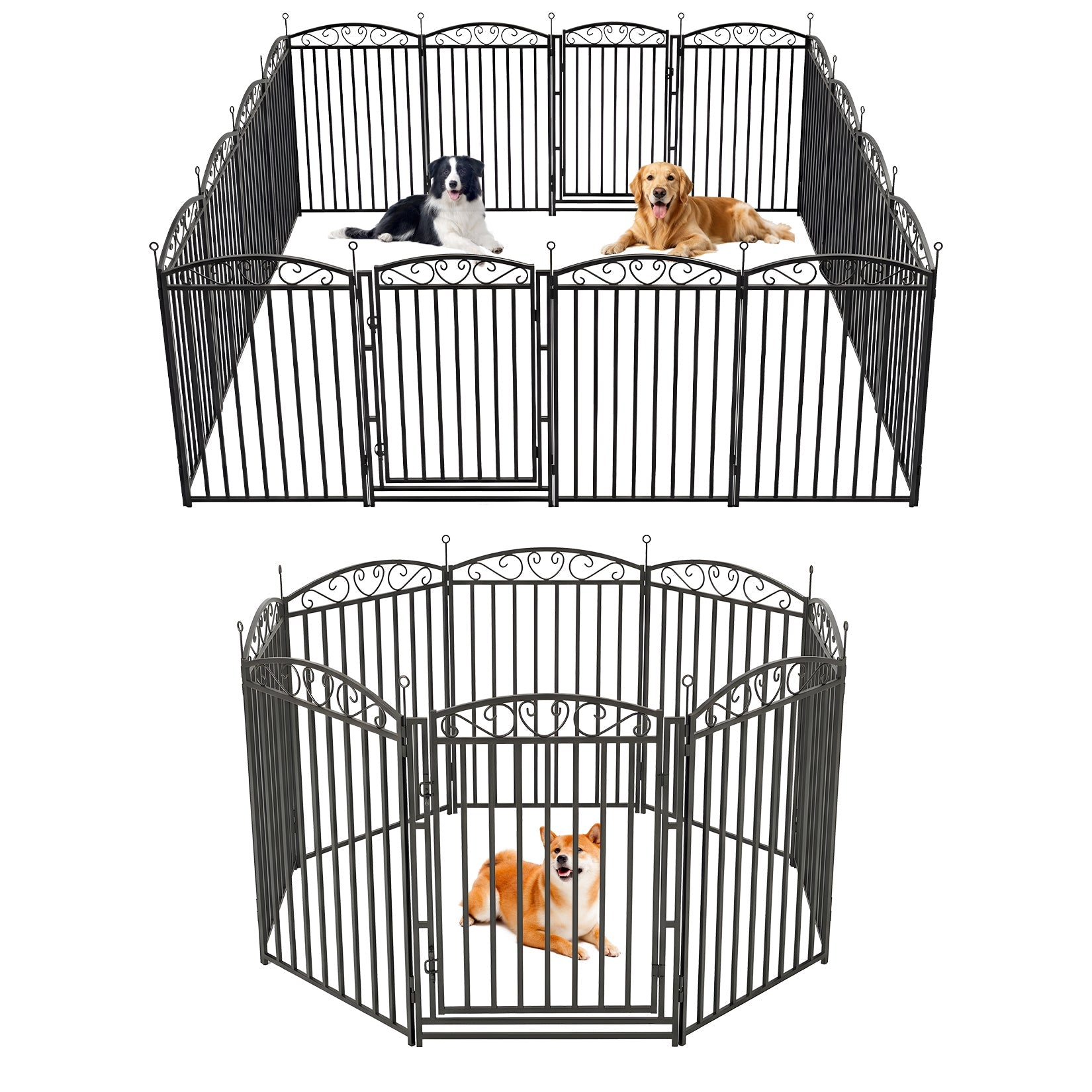 Garvee Outdoor Decorative Metal Dog Playpen - 32" Height, 16 Panels, 1 Door, Safe Pet Fence for Medium and Large Dogs, Sturdy Black with Silver Design, Includes 16 Pieces, Black Base with Silver Floral at the End