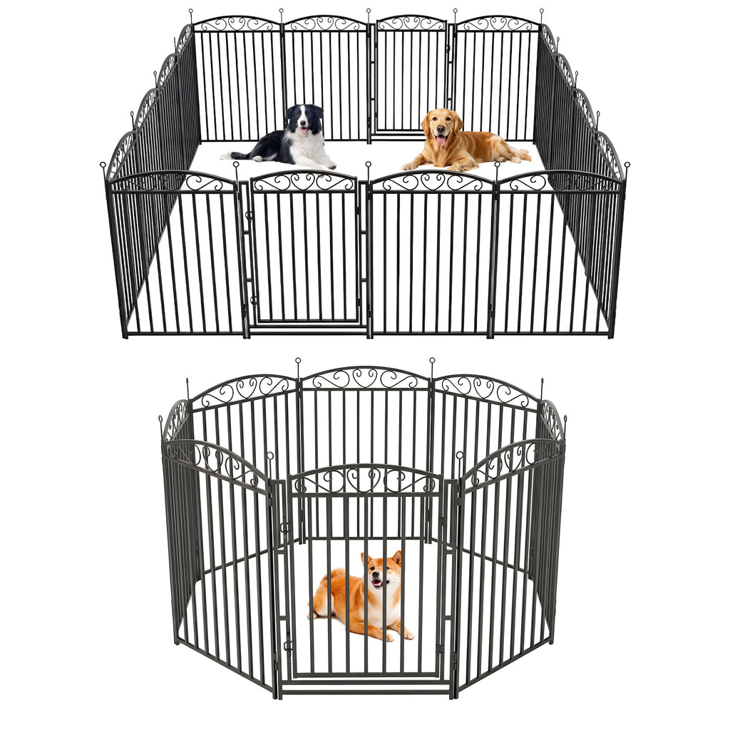 Garvee Durable Decorative Dog Playpen Fence – 40" Metal, 16 Panels, Indoor/Outdoor Pet Exercise Pen, Black Base with Silver Design, Color: Black with Silver Design, 16 Panels