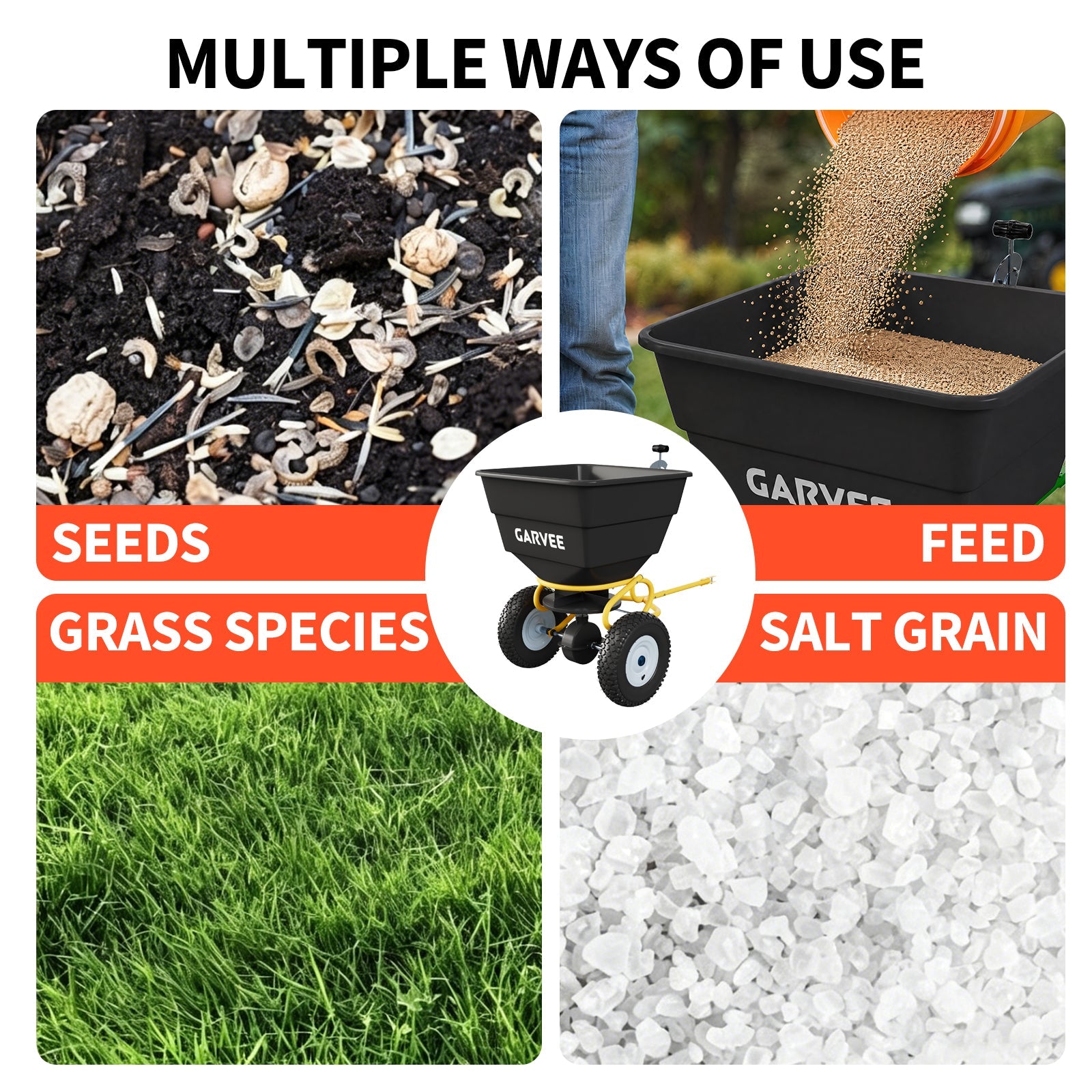 Garvee Tow-Behind Broadcast Spreader, 110 lbs Capacity with 10-Inch Pneumatic Tires, Universal Hitch and Feeder Cover for Seed, Fertilizer and Salt, Yellow