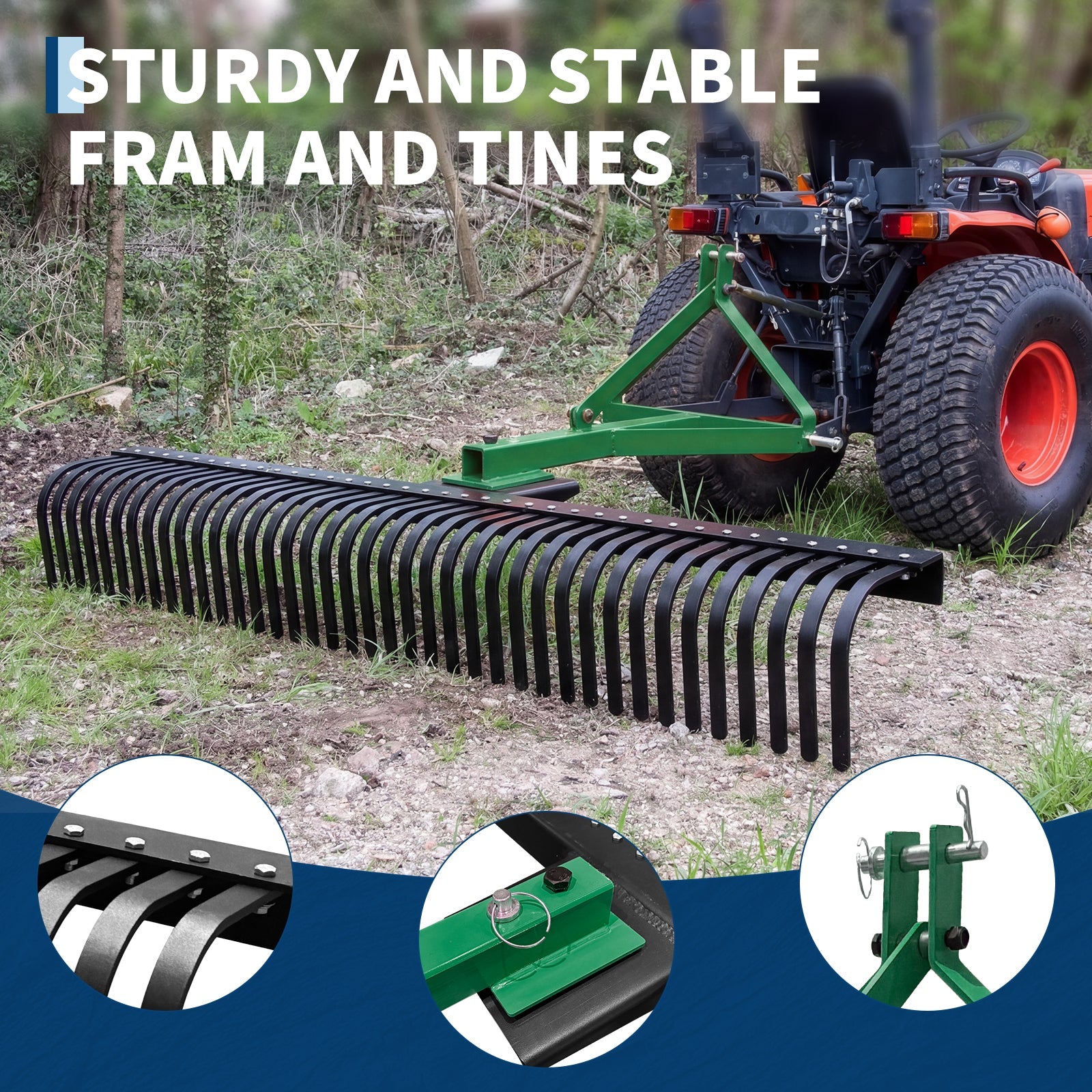 Garvee Heavy Duty 3-Point Landscape Rake for Tractor - 6FT Rock Rake with 37 Steel Tines - 360° Rotating Head - Fits Category 1 & 2 Tractors - Ideal for Lawn, Garden, and Yard - 6 Feet (72 Inches) Green, 37 Teeth