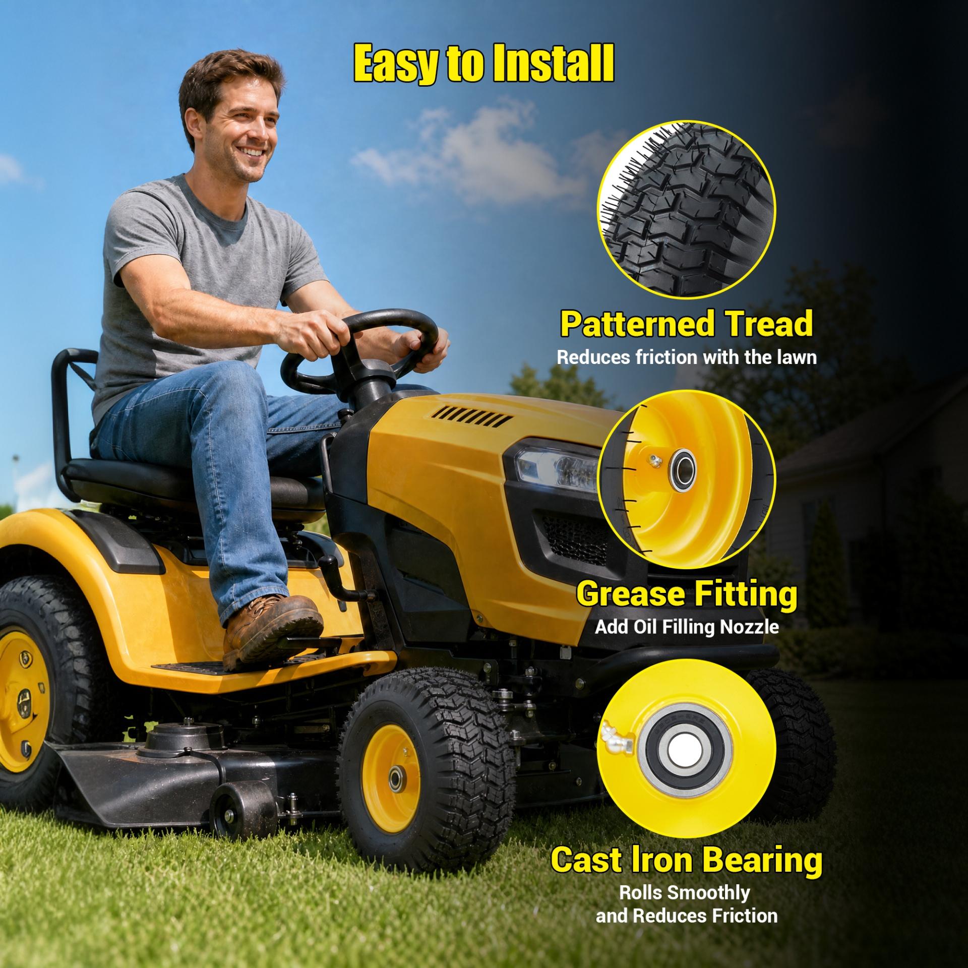 Garvee Flat Free Sturdy Tire & Wheel Set for Golf Cart, Lawn Mower, Garden Tractor – Heavy Duty, 500lbs Load, Global Fit, Puncture Proof, Maintenance-Free – 2 Pack, Yellow Hub | 15×6.00-6