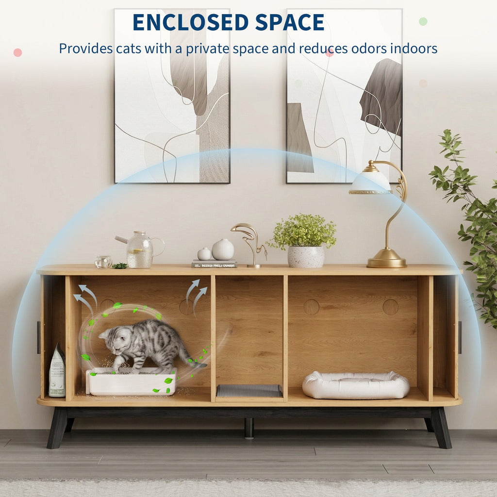 Garvee Multi-Functional Cat Litter Box Enclosure for 2 Cats, 59" Large Wooden Pet House - Hidden Litter Box Furniture - Sliding Door Access - Cat Litter Mat Included - TV Stand Side Table - Color: Natural Wood