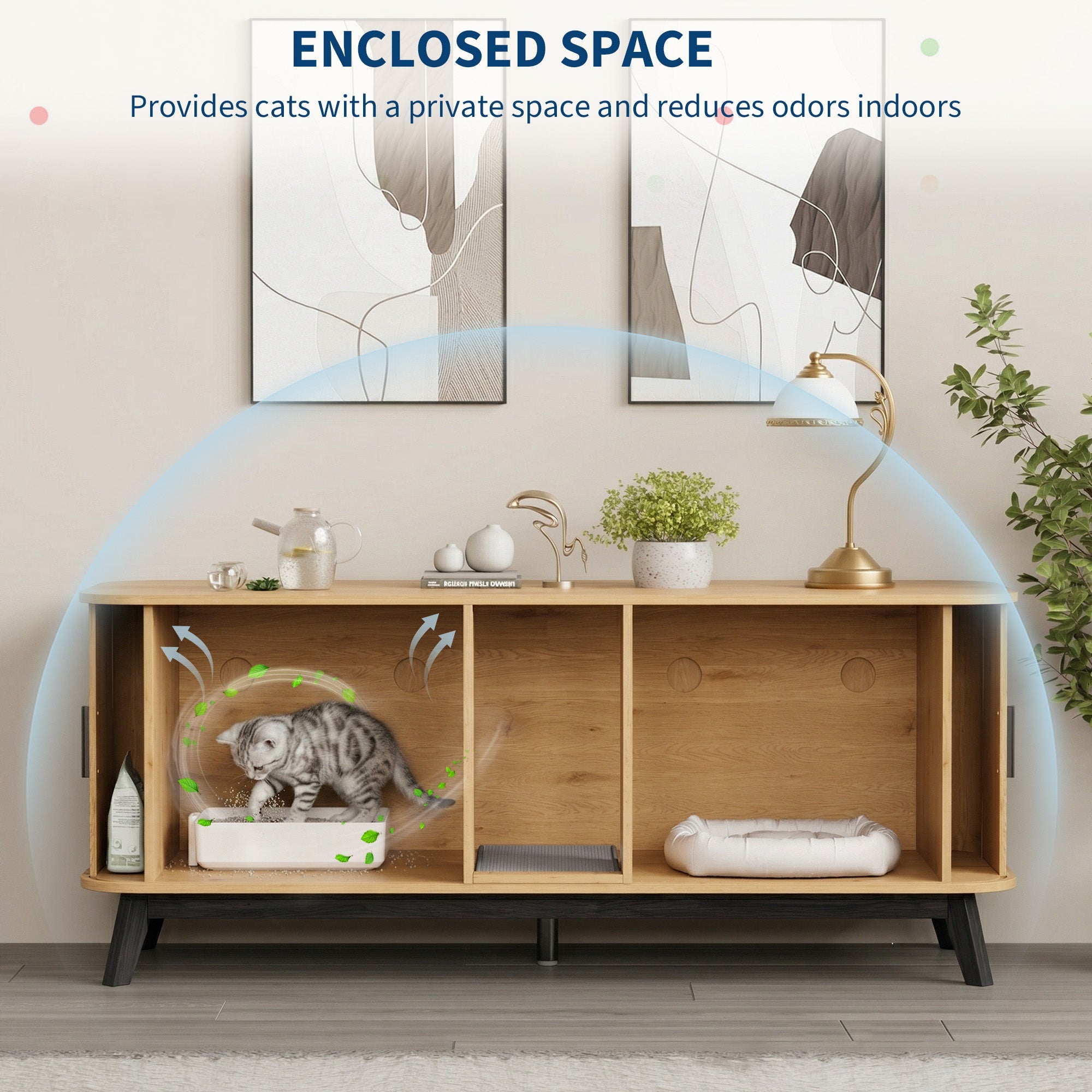 Garvee Multi-Functional Cat Litter Box Enclosure for 2 Cats, 59" Large Wooden Pet House - Hidden Litter Box Furniture - Sliding Door Access - Cat Litter Mat Included - TV Stand Side Table - Color: Natural Wood