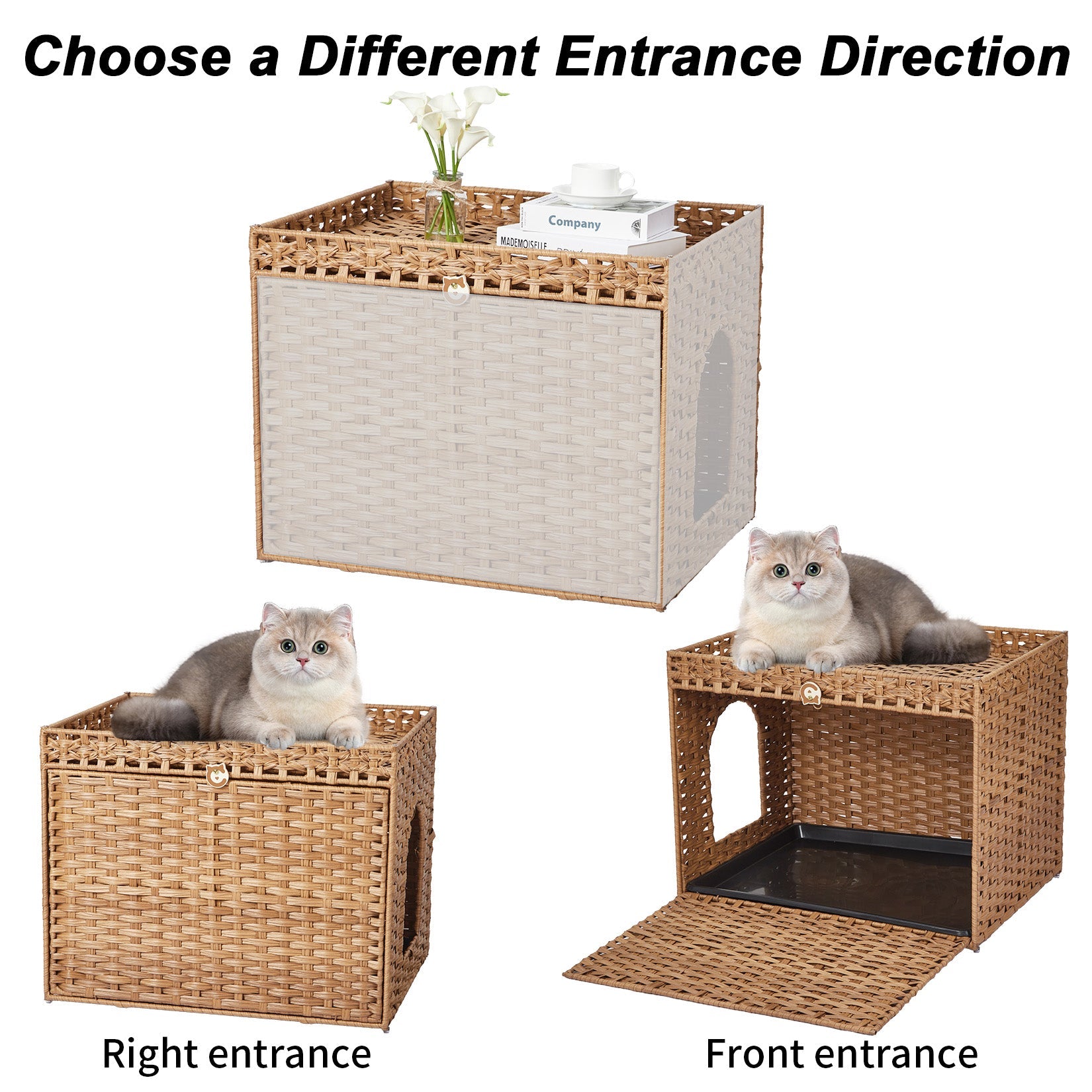 Garvee Handwoven Rattan Cat Litter Box Cabinet – Large Hidden Enclosure with Removable Mat and Fence – Stylish Boho Furniture, Easy to Clean, Covered Litterbox for Indoor Cats – Natural Color