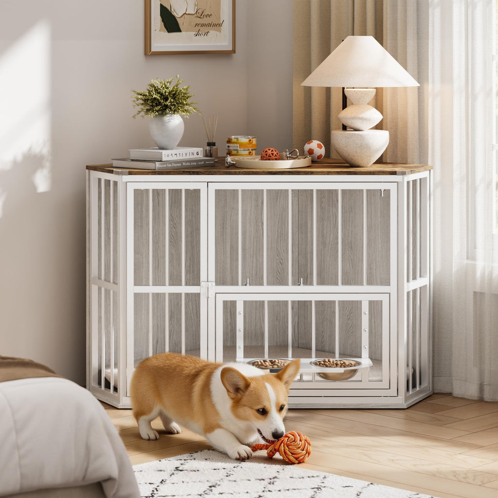 Garvee Space-Saving Corner Dog Crate Furniture – Wooden Indoor Kennel End Table with 360° Rotating Door, Stainless Steel Feeding Bowls, Decorative Design for Small Dogs, Washed White, Classic + Washed White + White Iron Frame