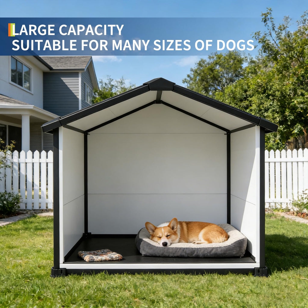 Garvee Large Dog House Indoor Outdoor Waterproof, 46" Durable Plastic Dog Kennel with Raised Floor, Removable Roof & Air Vent for Small to Large Dogs, Easy Assembly