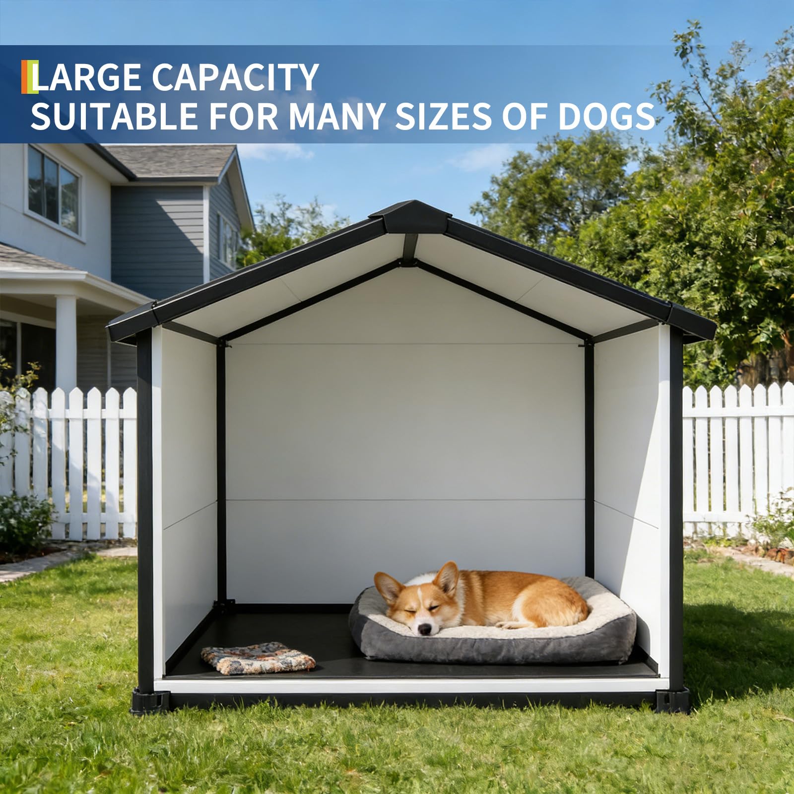 Garvee Large Dog House Indoor Outdoor Waterproof, 46" Durable Plastic Dog Kennel with Raised Floor, Removable Roof & Air Vent for Small to Large Dogs, Easy Assembly