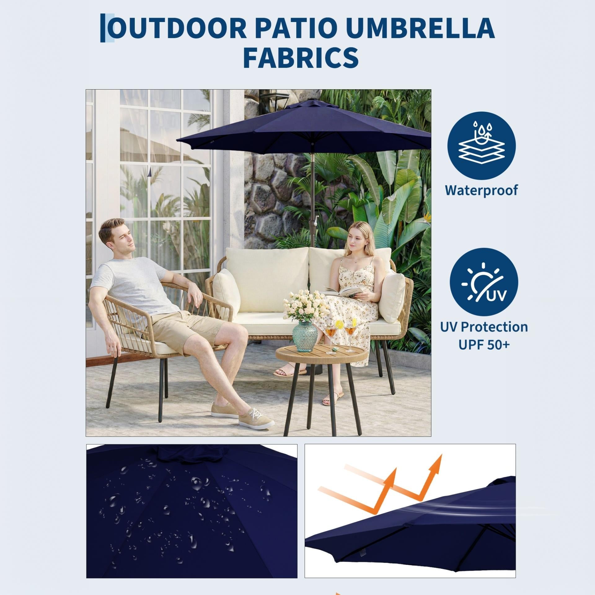 Garvee 10FT Outdoor Patio Umbrella, Outdoor Table Umbrella with Push Button Tilt and Crank, Market Umbrella with 8 Sturdy Ribs, UV Protection Waterproof for Garden Backyard Deck Pool, Navy Blue
