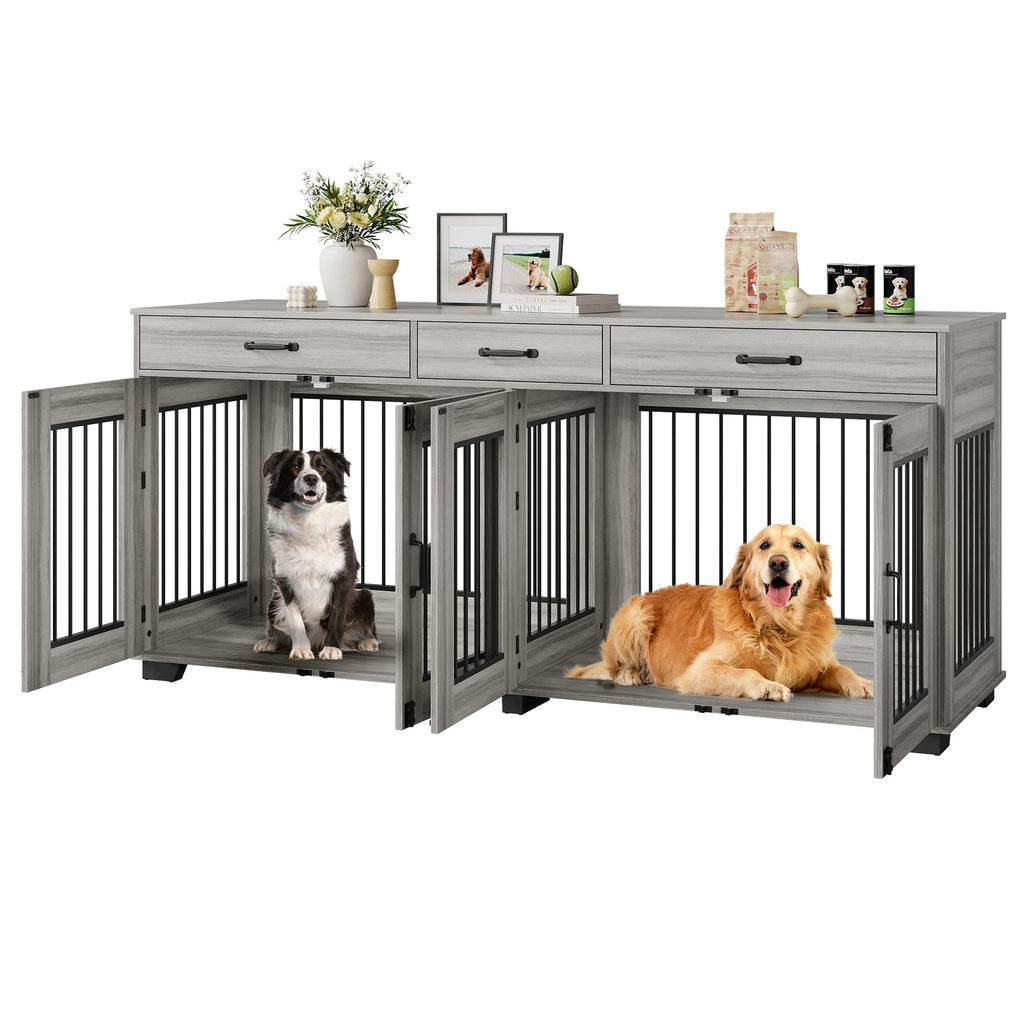 Garvee 71" Double Wooden Dog Crate Furniture for 2 Dogs, Heavy Duty, Spacious, MDF & Iron, Three-Drawer Storage, TV Stand, Small to Large Dogs