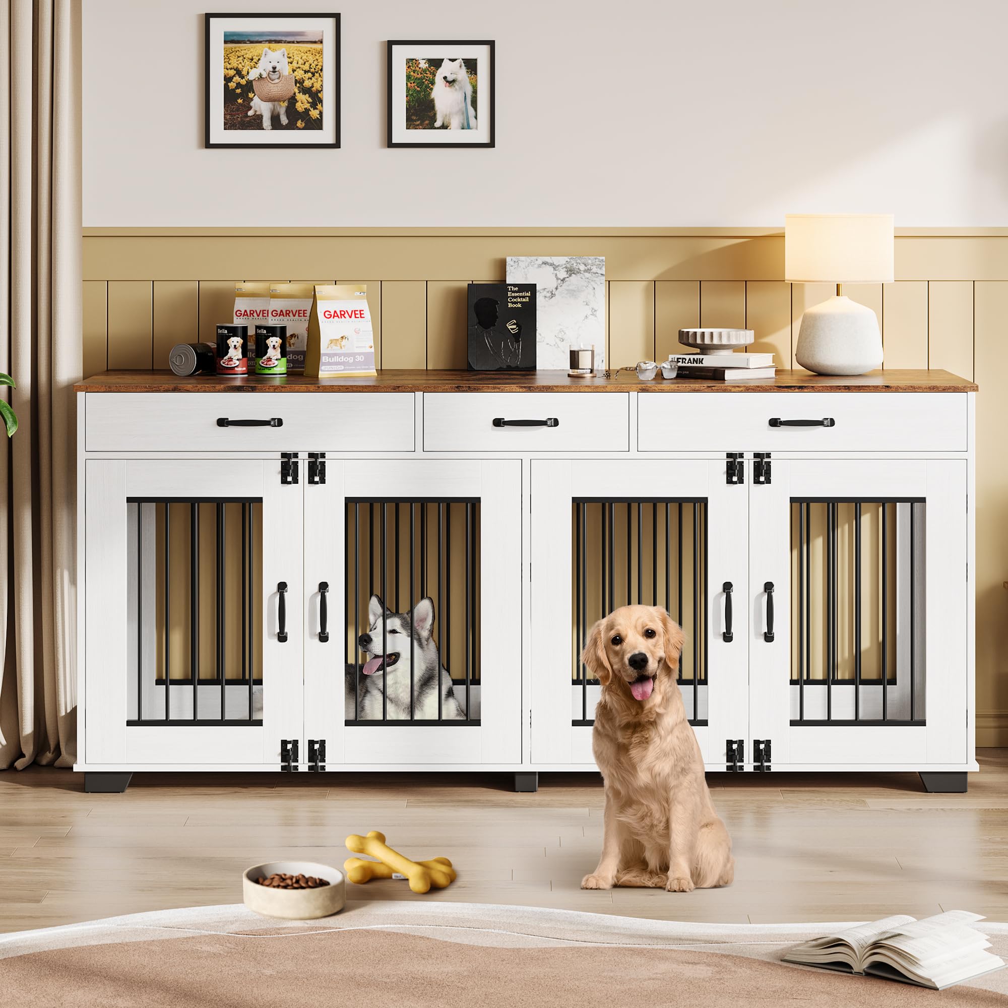 Garvee 71-Inch Large Dog Crate with Divider and 3 Drawers, Spacious Wooden Indoor Kennel, Double Doors with Locks, Brown & White, for Medium Large Dogs, Home Use
