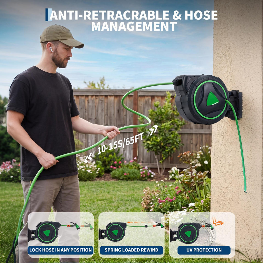 Garvee 5/8" x 65 FT Retractable Garden Hose Reel, High-Flow Wall-Mounted Auto Rewind Hose Reel with Any-Length Lock & 180° Swivel Bracket