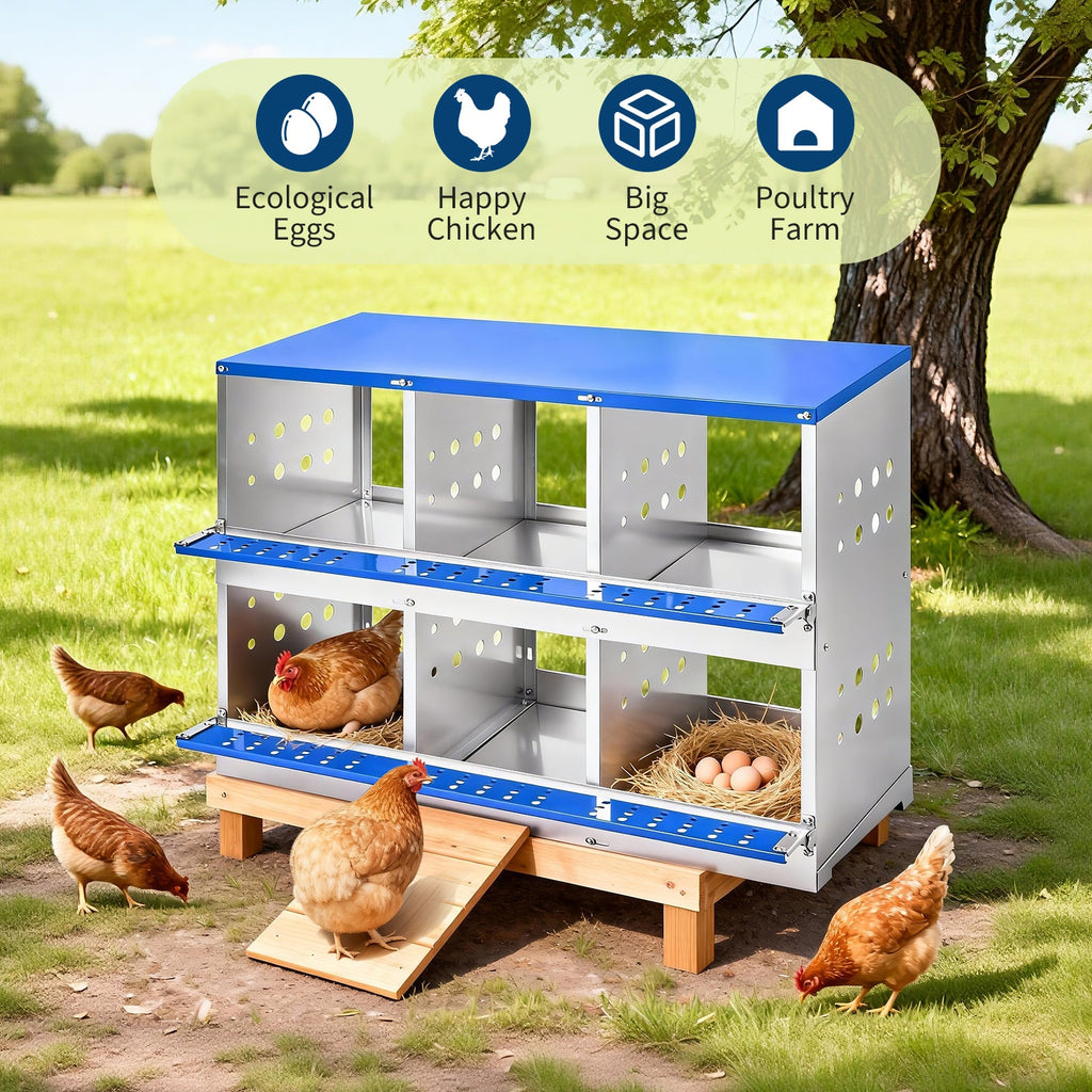 Garvee Heavy Duty 6-Compartment Metal Chicken Nesting Box – Galvanized Steel, Rollaway Egg Collection, Ventilated, Rustproof, Wall-Mounted or Floor, Easy Clean – Space-Saving Hen Layer for Poultry Coop – Without Cover, Blue, 96×48×71cm