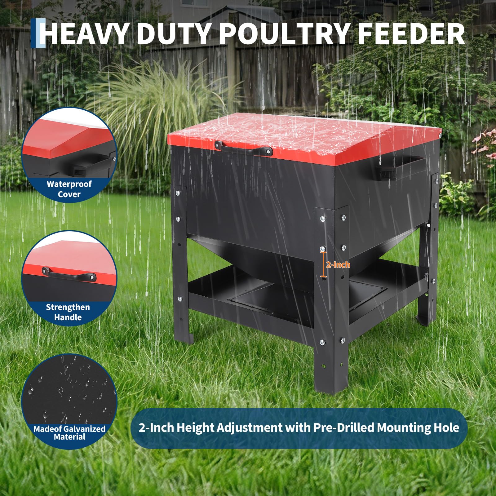 Garvee Metal Chicken Feeding Box, 80 lbs Large Capacity, Portable Galvanized Steel Feeder, Waterproof Lid, No Waste Automatic Poultry Feeder for Ducks, Hens and Roosters, Standing for Chicken Coop, Red