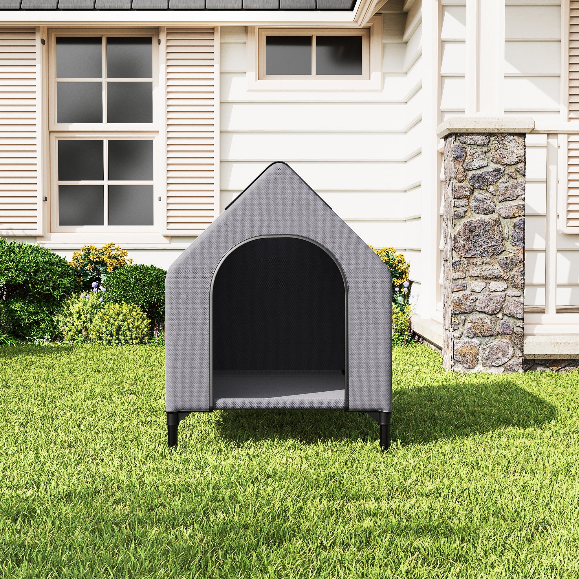 Garvee Dog House Outdoor Weatherproof 600D Oxford Canopy, 2 Top Windows, Breathable Mesh Fabric Bed, Dog Tents Shelter Kennel, Medium Dog House for Outdoor Indoor, Gray