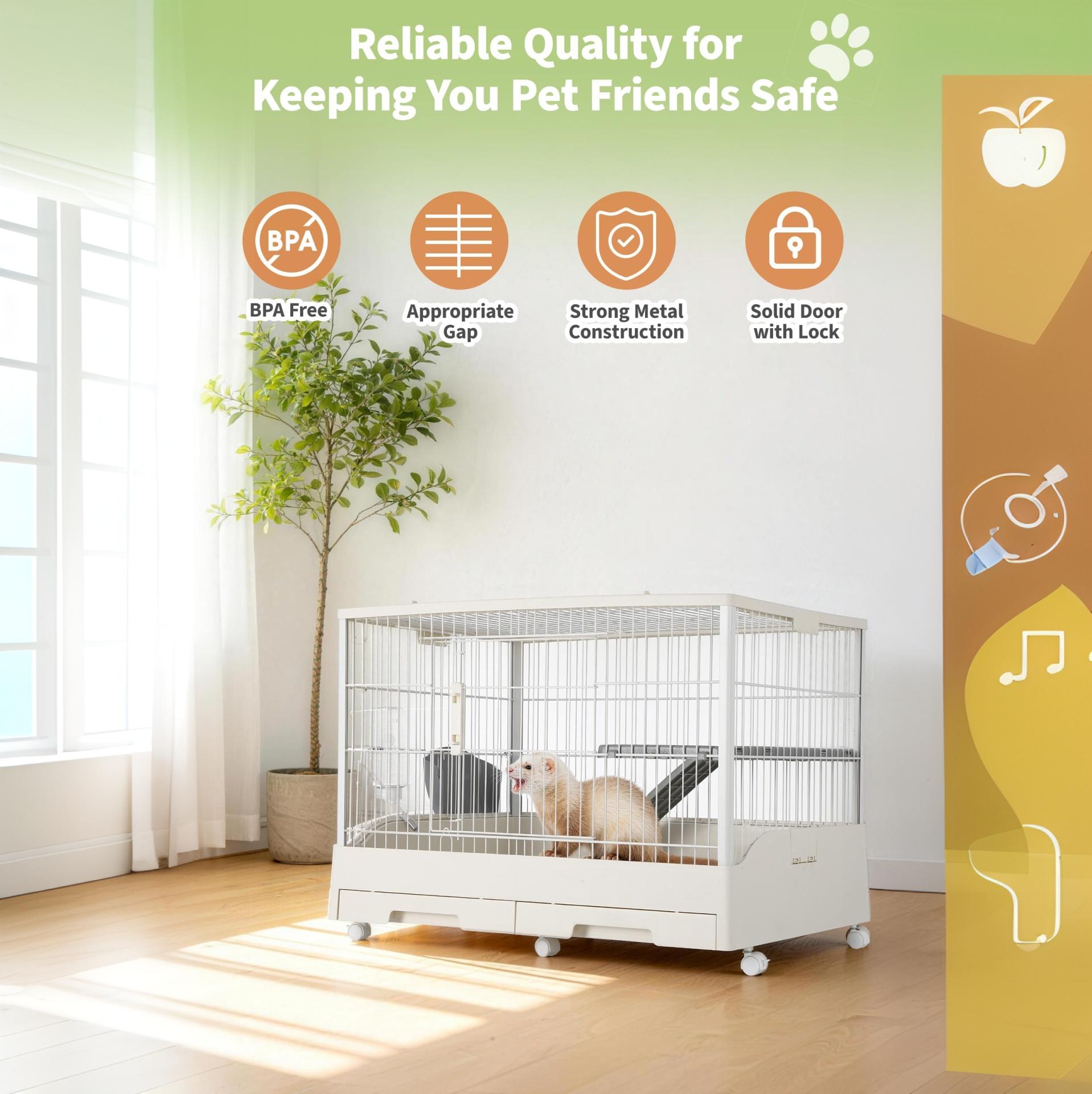Garvee Small Animal Cage, Durable Large Rabbit Hutch, 33“ Small Animal Cage with 2 Removable Tray, Ramp, 6 Casters, Water & Hay Feeder, Indoor & Out Door Use for Rabbit, Hamster