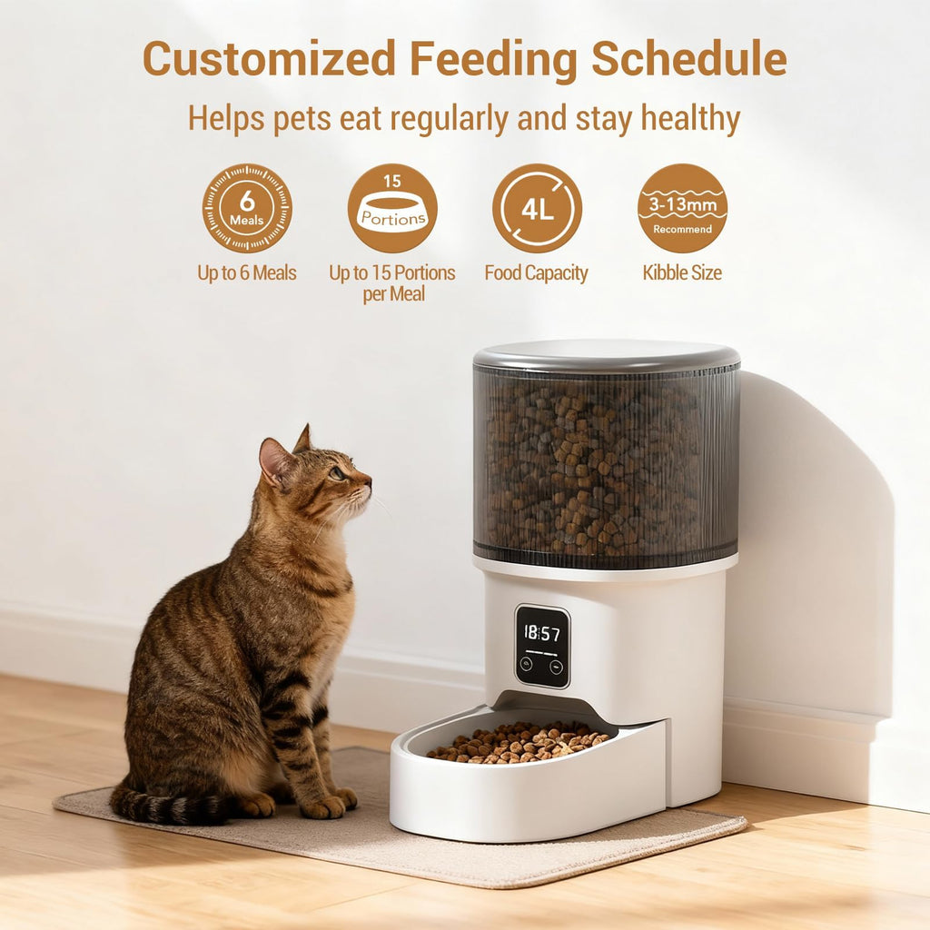 Garvee Automatic Dog & Cat Feeder 4L, Programmable Up to 6 Timed Meals, Portion Control, Dual Power, Stainless Steel Bowl, Easy to Clean, Dampness-Proof, Smart Food Dispenser, Black