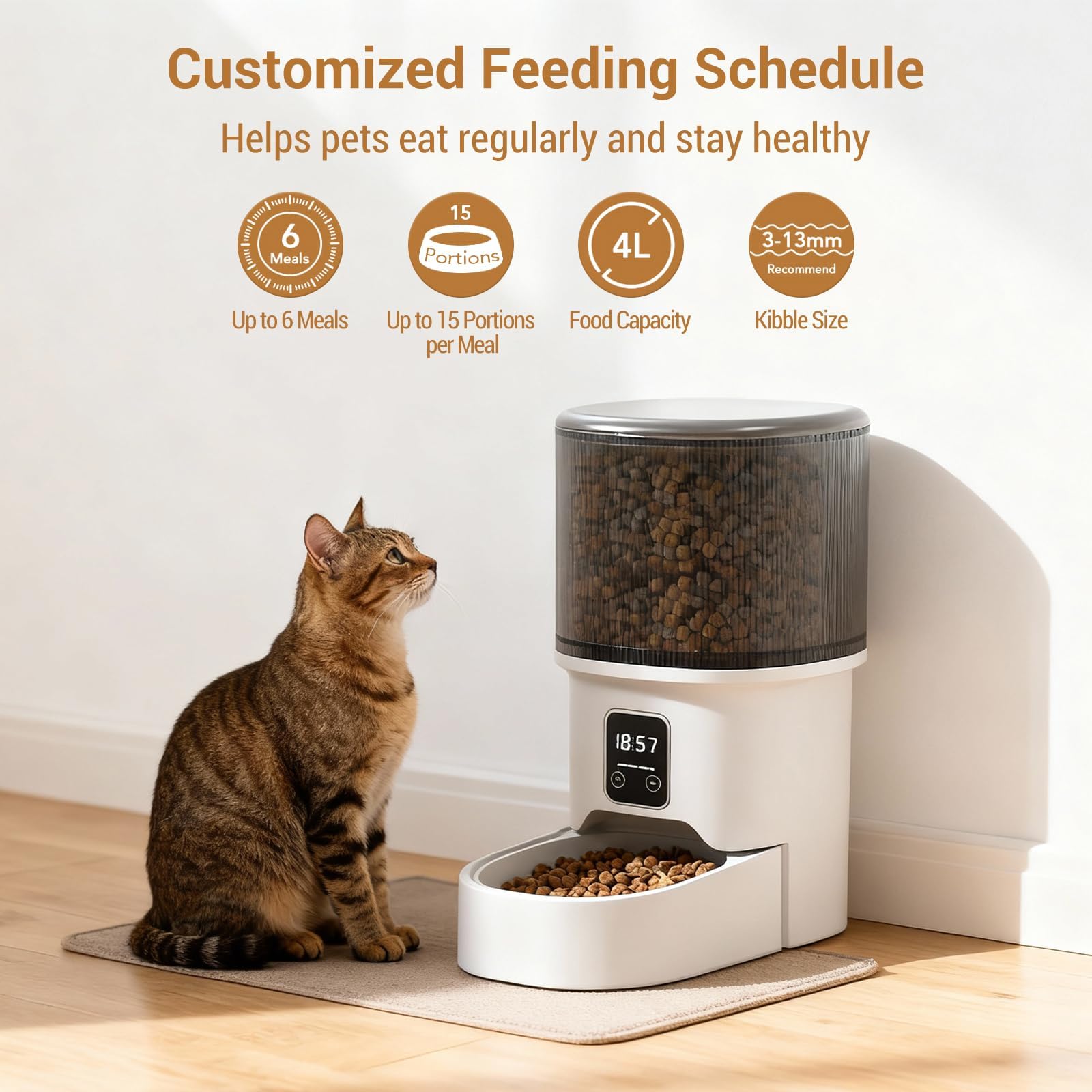 Garvee Automatic Dog & Cat Feeder 4L, Programmable Up to 6 Timed Meals, Portion Control, Dual Power, Stainless Steel Bowl, Easy to Clean, Dampness-Proof, Smart Food Dispenser, Black