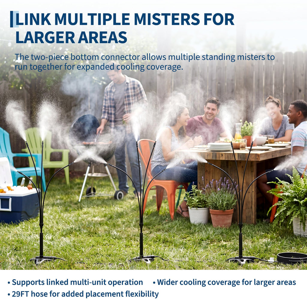 Garvee Outdoor Misting System, 32.8 FT Hose with 4 Adjustable Mist Heads, 5 Connectors and Built-In Switch for Patio, Lawn and Poolside, Black