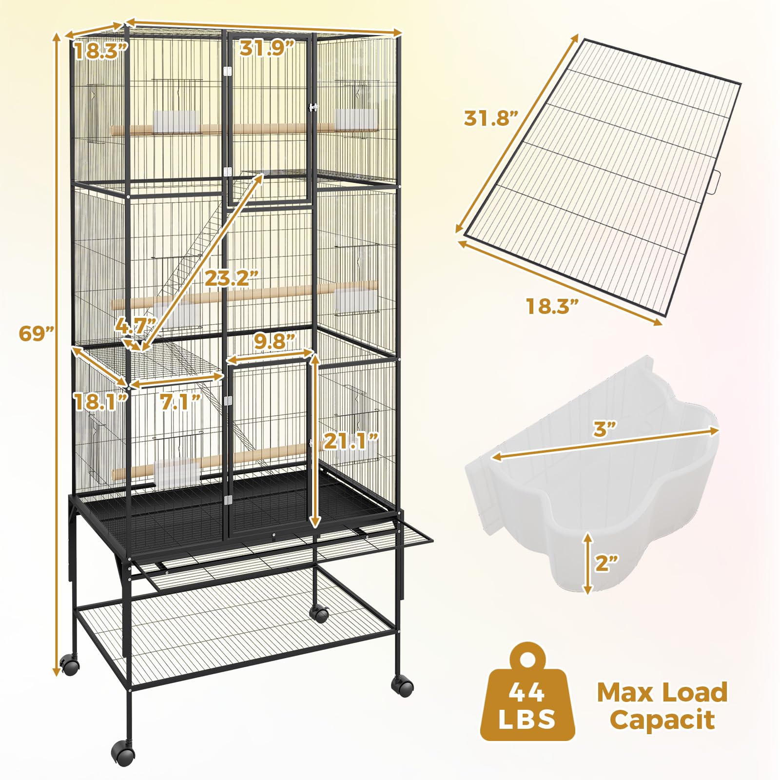 Garvee Spacious 69-Inch Extra Large Metal Bird Cage – Rolling Stand, Flight Aviary for Parrots, Cockatiels, Conures, Parakeets, Budgies, Finches – Detachable Tray, Easy Cleaning – Black