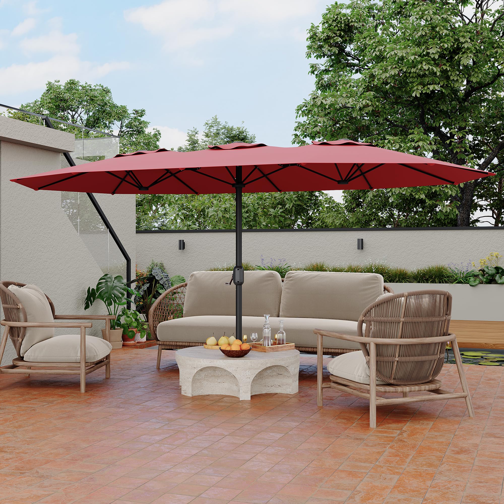 Garvee 15' Double-Sided Rectangular Patio Umbrella with Base, Large Outdoor Pool Umbrella, Red