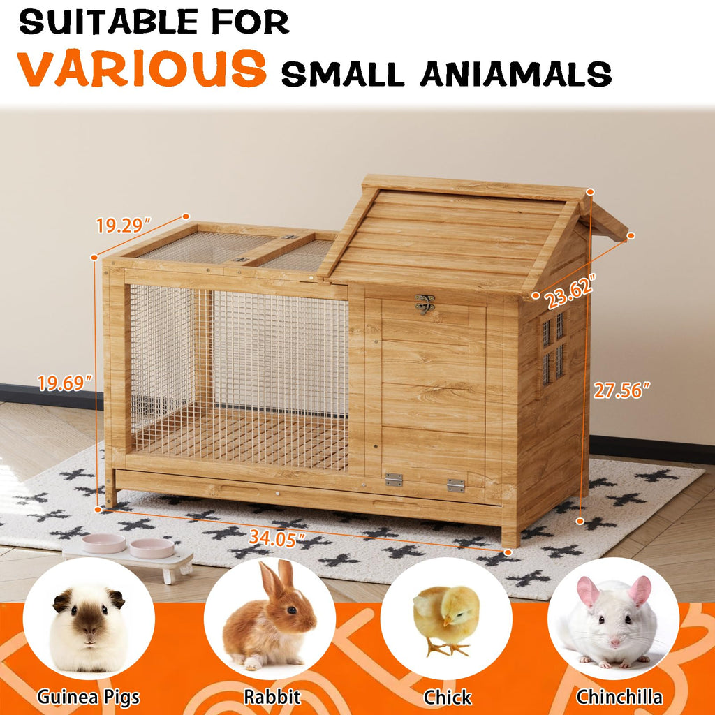 Garvee Large Outdoor Rabbit Hutch, Weatherproof 2-Story Bunny Cage with Removable Wire Netting, Wooden Indoor Outdoor Pet House, Waterproof Roof & Pull-Out Tray, Natural