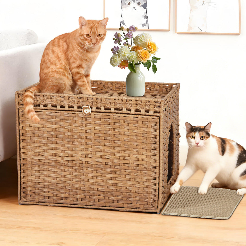 Garvee Handwoven Rattan Cat Litter Box Cabinet – Large Hidden Enclosure with Removable Mat and Fence – Stylish Boho Furniture, Easy to Clean, Covered Litterbox for Indoor Cats – Natural Color