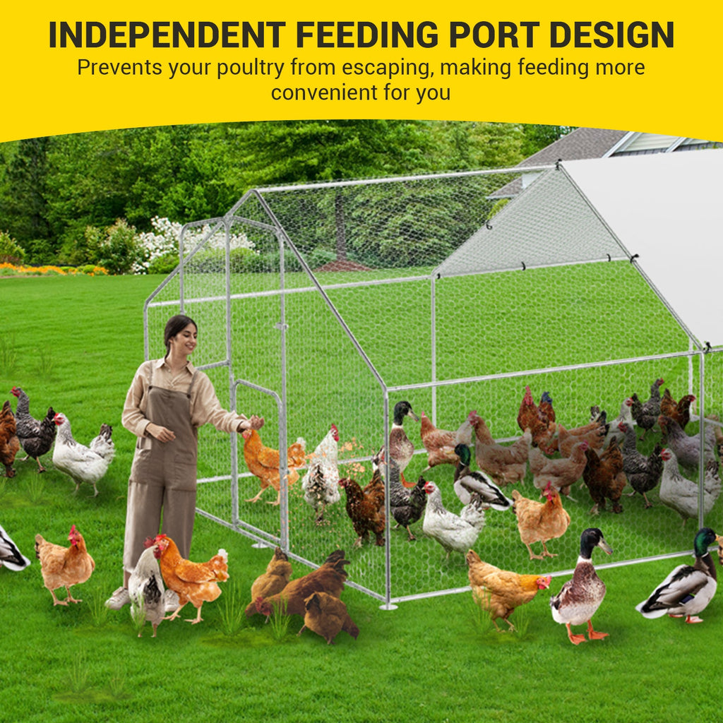 Garvee Heavy-Duty Walk-In Metal Chicken Coop for Backyard Poultry – Dual Lockable Doors, Galvanized Steel Frame, Waterproof UV-Resistant Cover, Spire Roof Hen House, 9.8' W x 13.1' D x 6.6' H