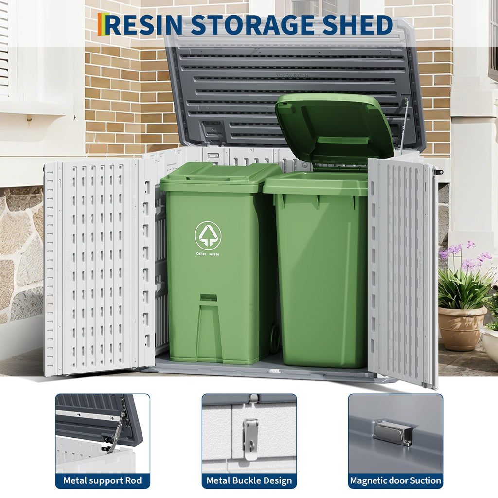 Garvee 34 Cu. Ft. Outdoor Resin Storage Shed, Waterproof HDPE Cabinet with Double Doors for Patio Tools, Cushions & Trash Cans, White