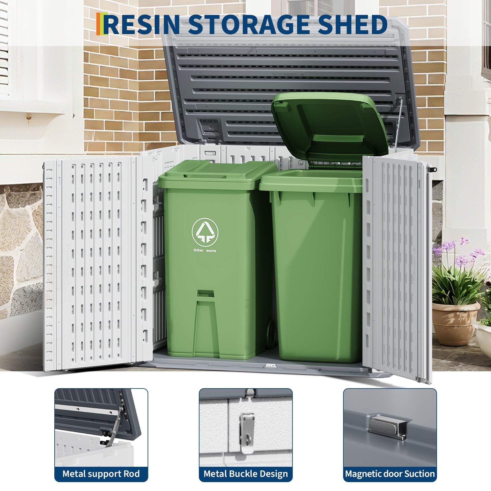 Garvee 34 Cu. Ft. Outdoor Resin Storage Shed, Waterproof HDPE Cabinet with Double Doors for Patio Tools, Cushions & Trash Cans, White