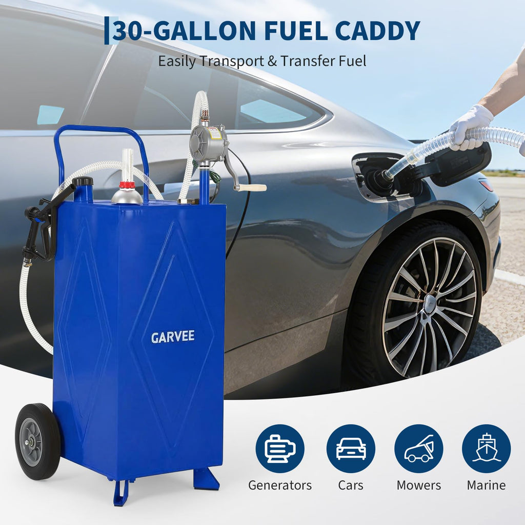 Garvee 35 Gallon Portable Fuel Gas Caddy Storage Tank – Reinforced 2-Wheel, 2-Support Design, Manual Rotary Pump, Vented Cap, Level Gauge, Fuel Hose – Gasoline/Fuel Transfer for ATV, Tractor, Mower, Car, Boat – Reinforced 2-wheel, 2-support version - Blue