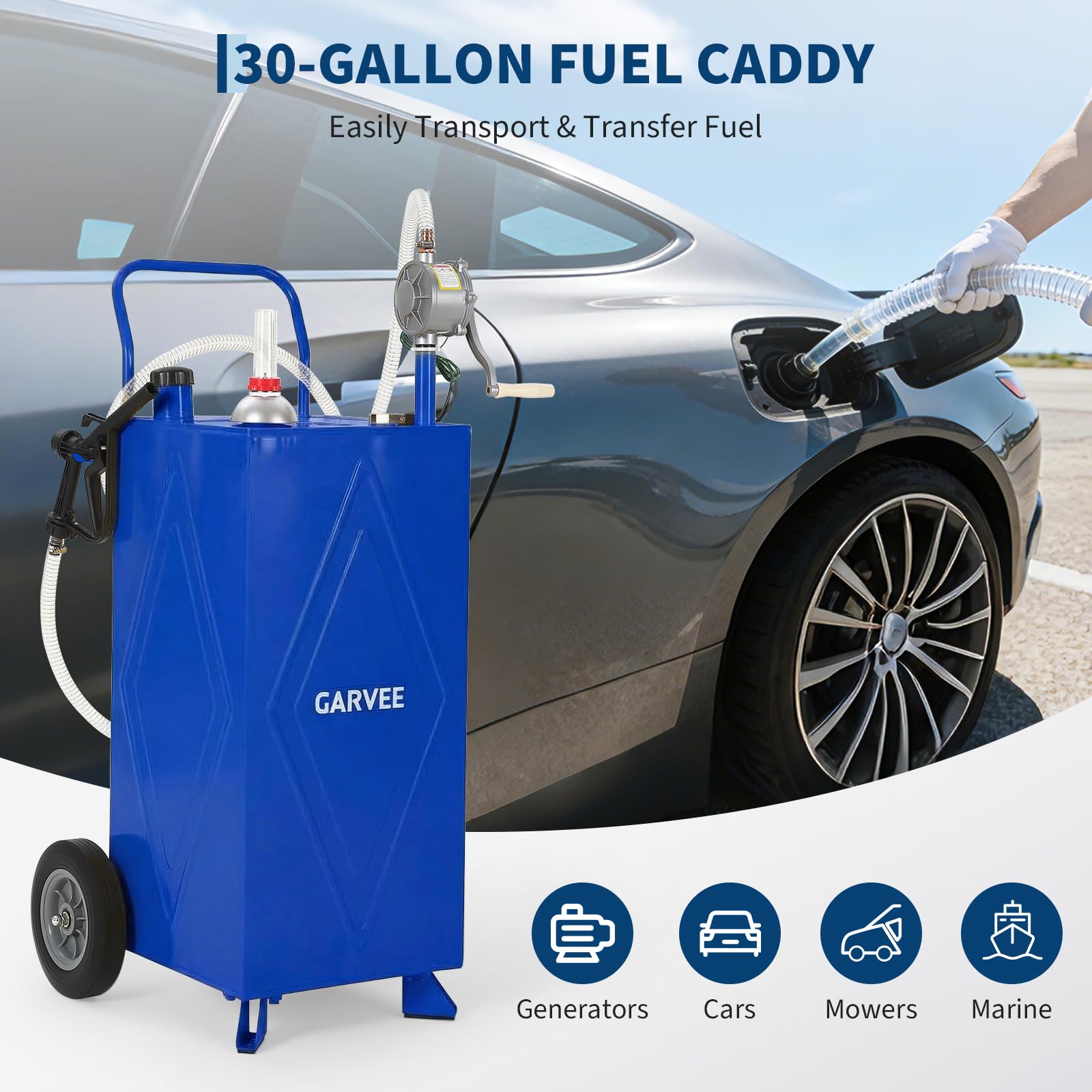 Garvee 35 Gallon Portable Fuel Gas Caddy Storage Tank – Reinforced 2-Wheel, 2-Support Design, Manual Rotary Pump, Vented Cap, Level Gauge, Fuel Hose – Gasoline/Fuel Transfer for ATV, Tractor, Mower, Car, Boat – Reinforced 2-wheel, 2-support version - Blue