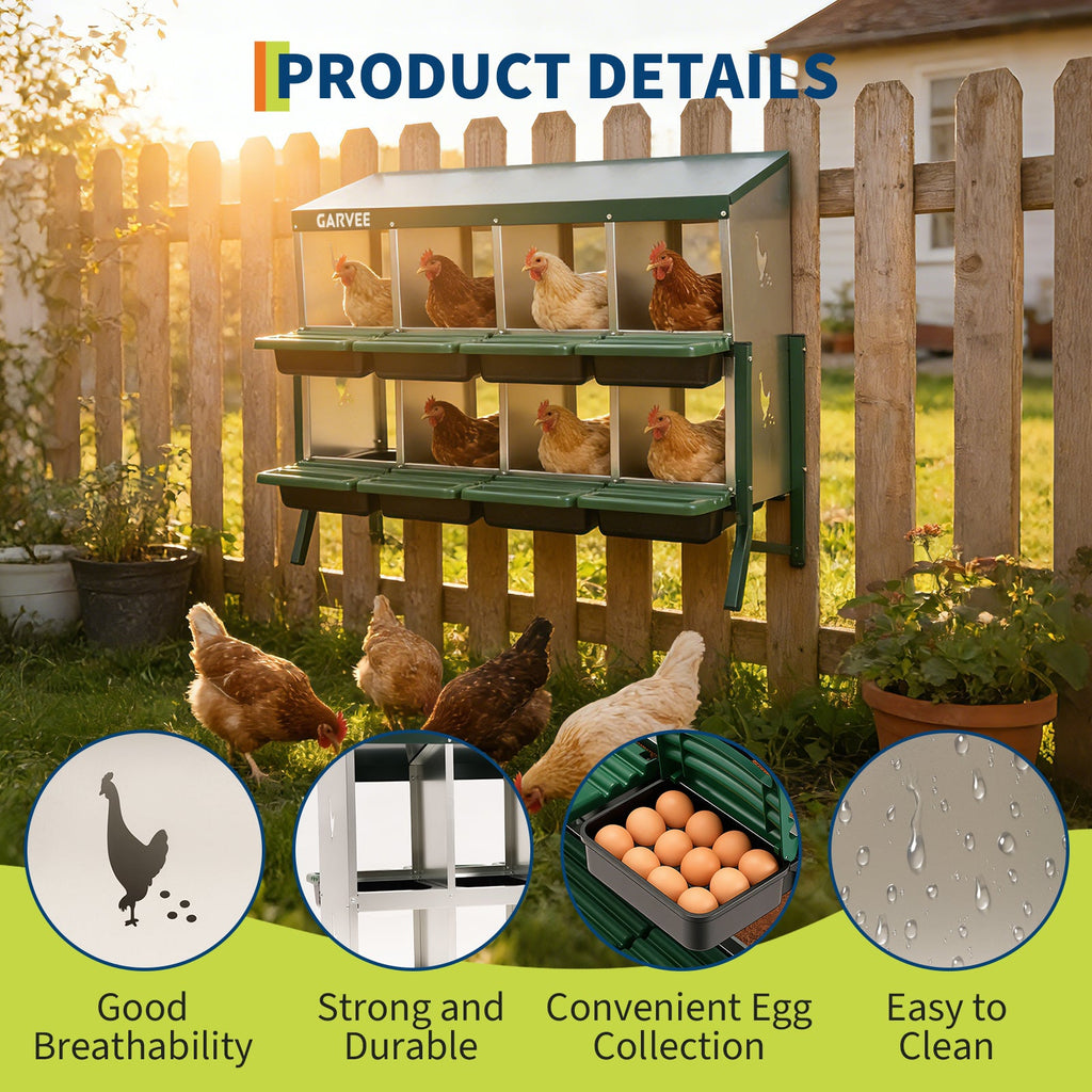 Garvee 8 Compartment Metal Chicken Nesting Box – Galvanized, Ventilated, Roll Away Egg Collection, Removable Tray, Perch, Easy Clean for Hens, Ducks, Geese – Green with Chicken Design – Size: 8 Compartments, Color: Green (Side Chicken Design)