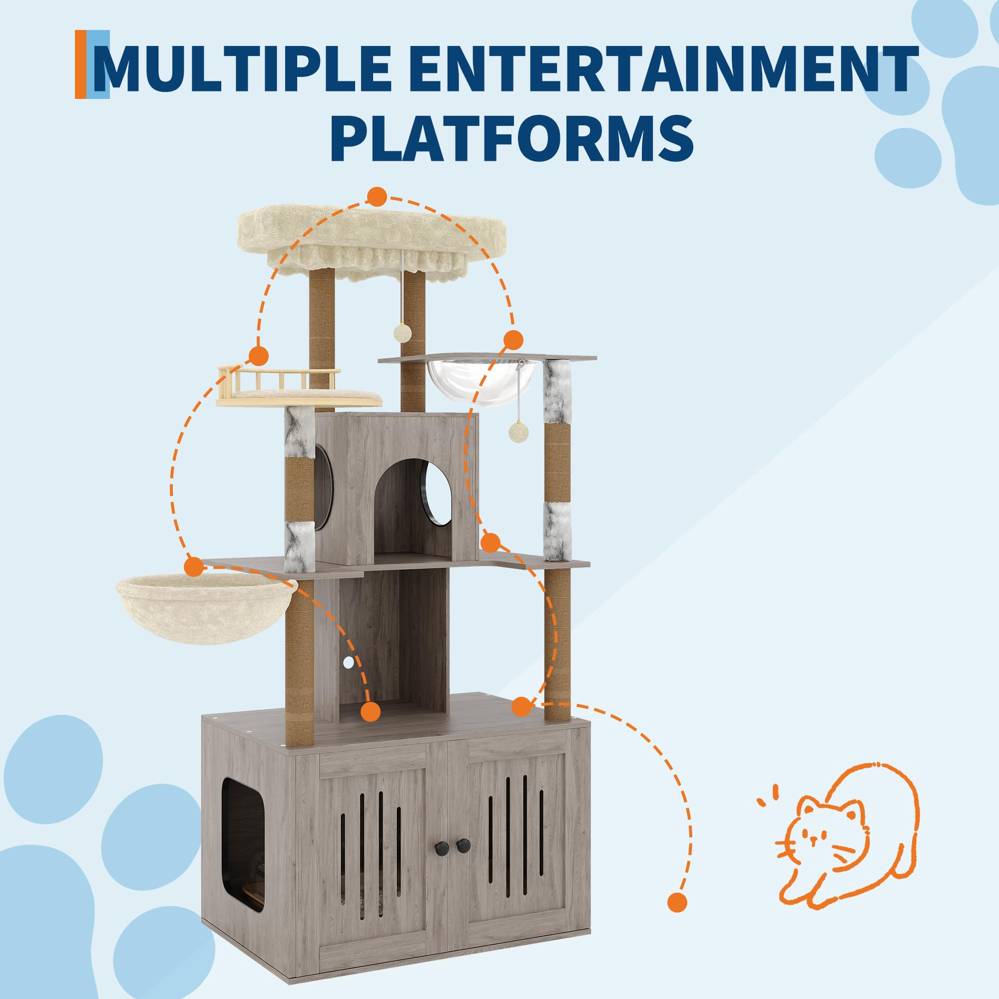 Garvee Multi-Level Cat Tree with Litter Box Enclosure – Hidden Litter Box, Large Soft Perch, Sisal Scratching Posts, Condo & Hammock – Modern Cat Litter Box Cabinet for Indoor Cats – Gray