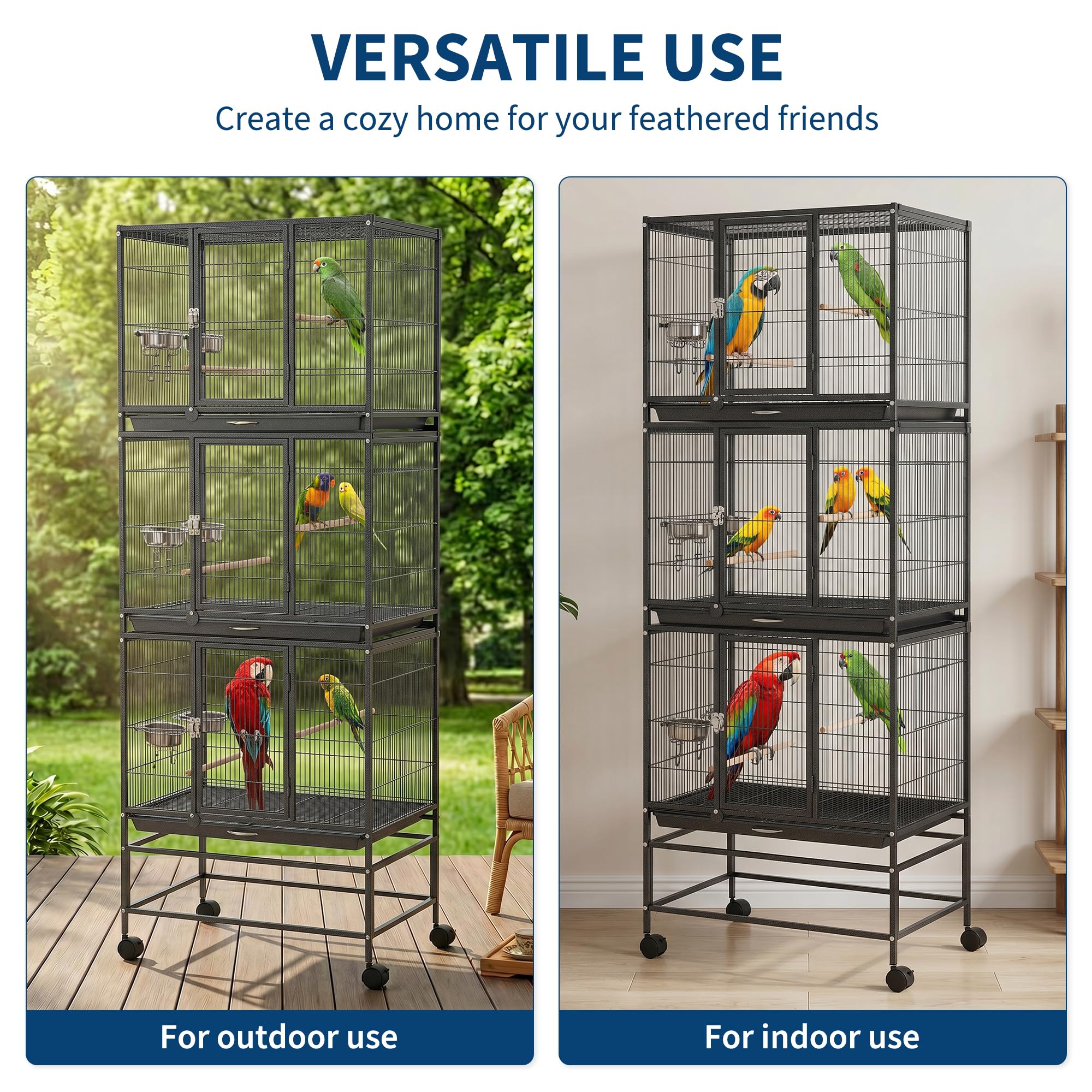 Garvee Heavy Duty Carbon Steel Bird Cage - 74 Inch Stackable Aviary with 3 Dividable Compartments, Removable Trays, Spacious Flight Enclosure for Parakeets, Cockatiels, Conures, Finches - Silver Black