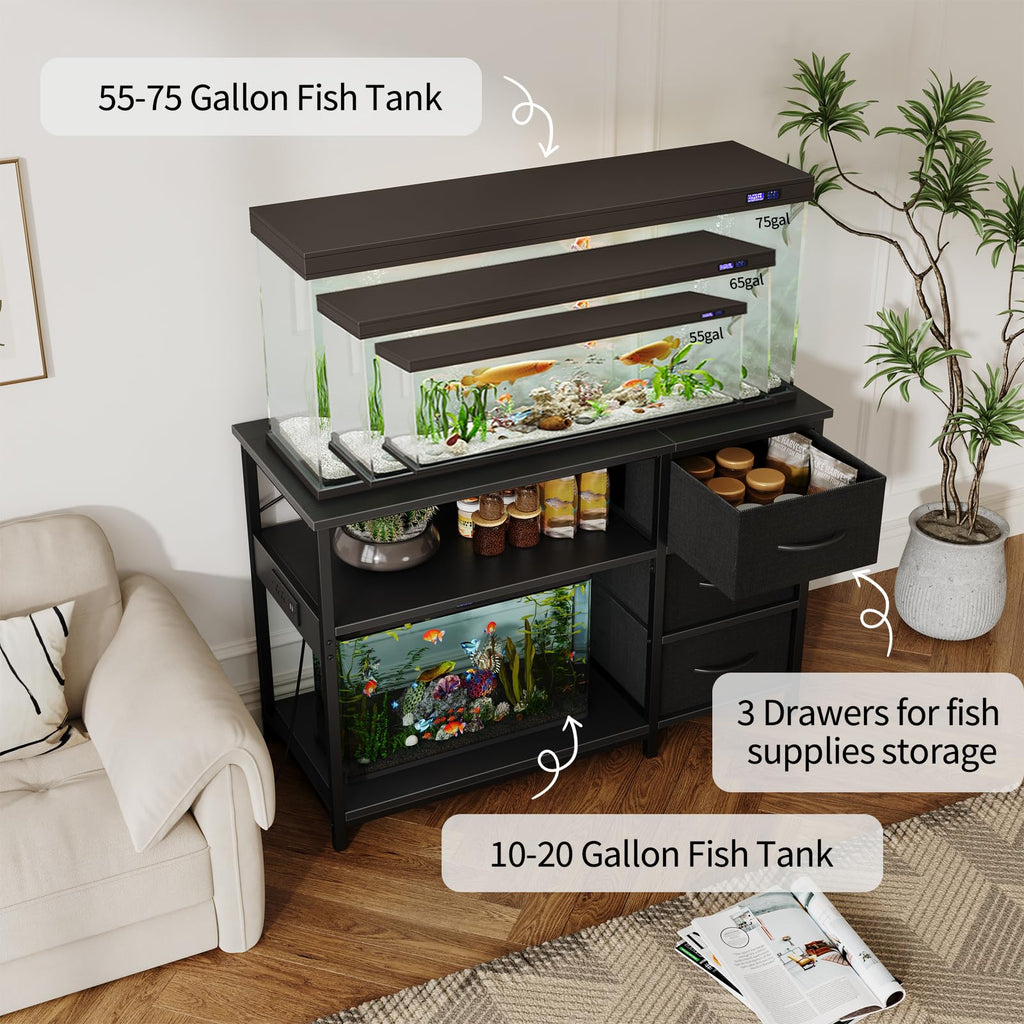 Garvee 55-75 Gallon Aquarium Stand, Heavy Duty Fish Tank Stand with Drawers & Shelves, LED Light, 1000lbs Capacity, Fish & Reptile Tanks Stand with Power Outlet & USB