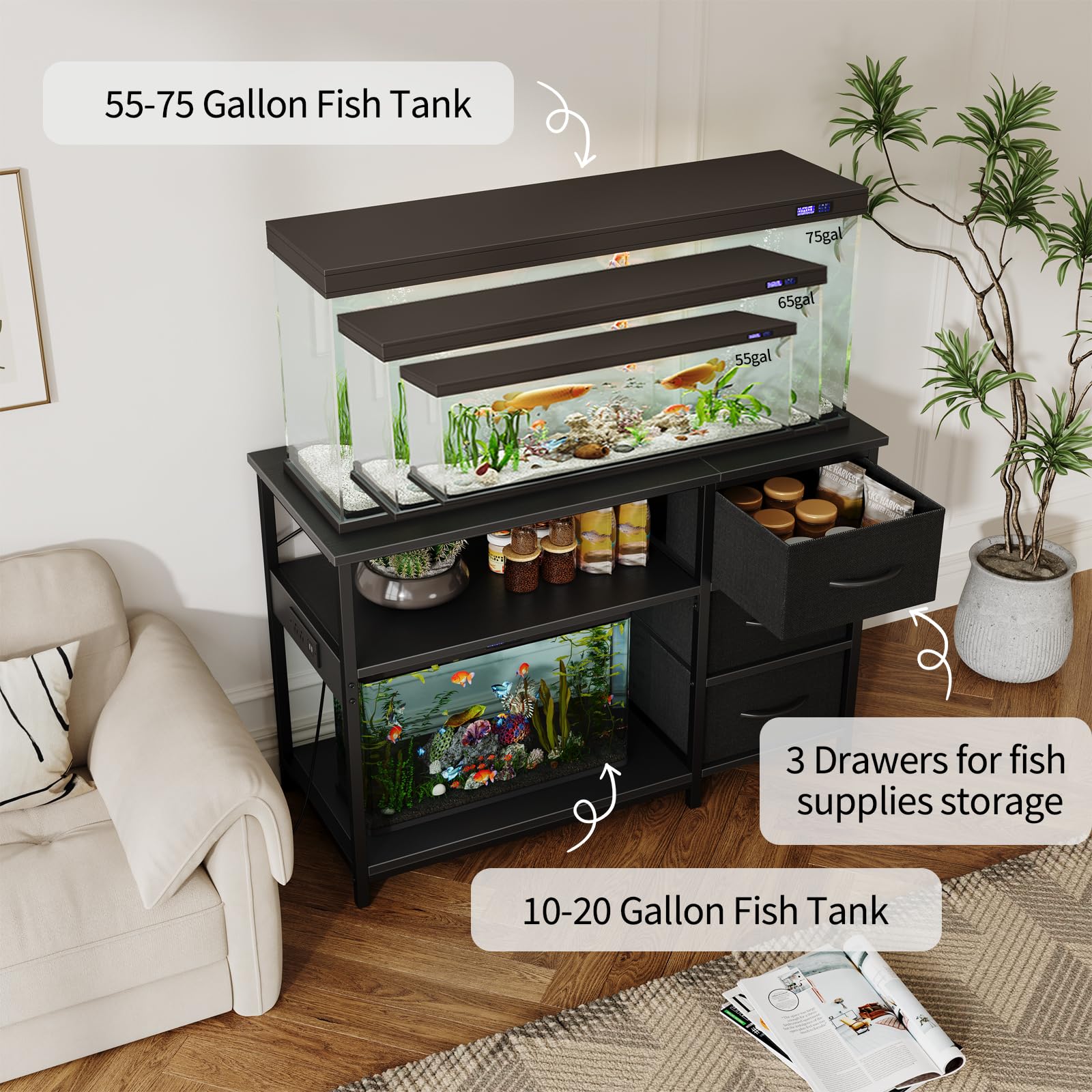 Garvee 55-75 Gallon Aquarium Stand, Heavy Duty Fish Tank Stand with Drawers & Shelves, LED Light, 1000lbs Capacity, Fish & Reptile Tanks Stand with Power Outlet & USB