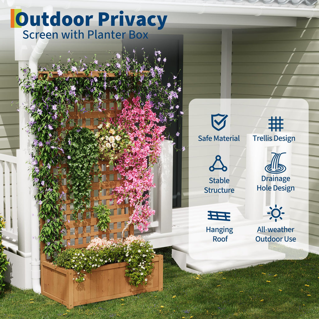 Garvee Raised Garden Bed with Trellis, 35.4" × 17.7" × 71.9" Fir Wood Planter Box with 33" × 17" Growing Bed, 4 Drainage Holes for Climbing Plants, Yellow