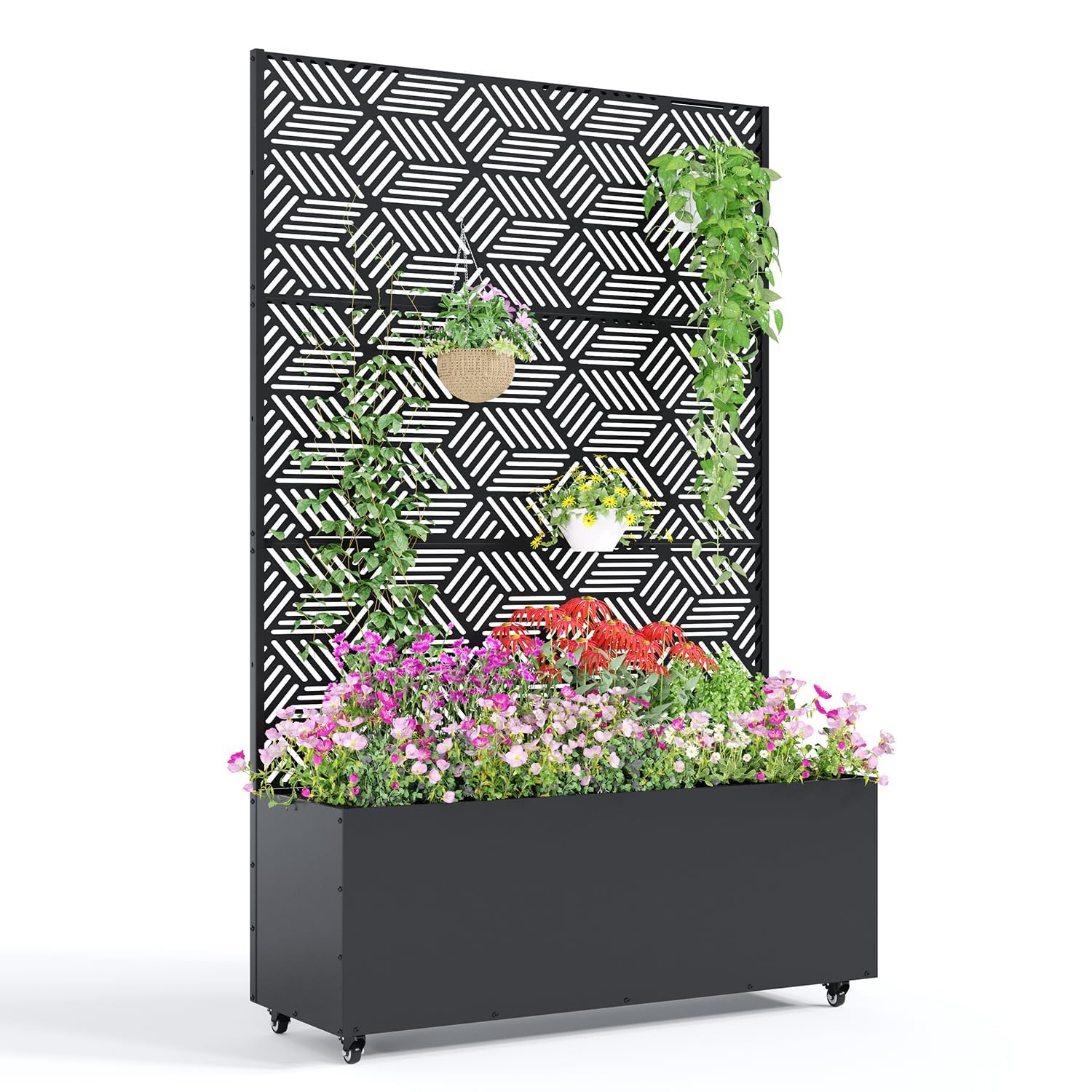 Garvee Metal Planter Box with Trellis and Wheels, 71"x47"x16" Raised Garden Bed for Climbing Plants, Vegetables, Vines, Privacy Planters for Patio with Drainage Holes, 15.7" Deep Planting Bed