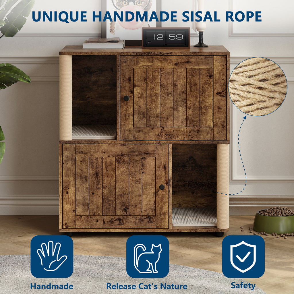Garvee Double Cat Litter Box Enclosure for 2 Cats – 2-Tier Modern Wooden Cabinet with Built-in Sisal Marking Posts, Dual Litter Mats, Odor Control, Dog-Proof, Hidden Cat Washroom – Grooved Tigerwood