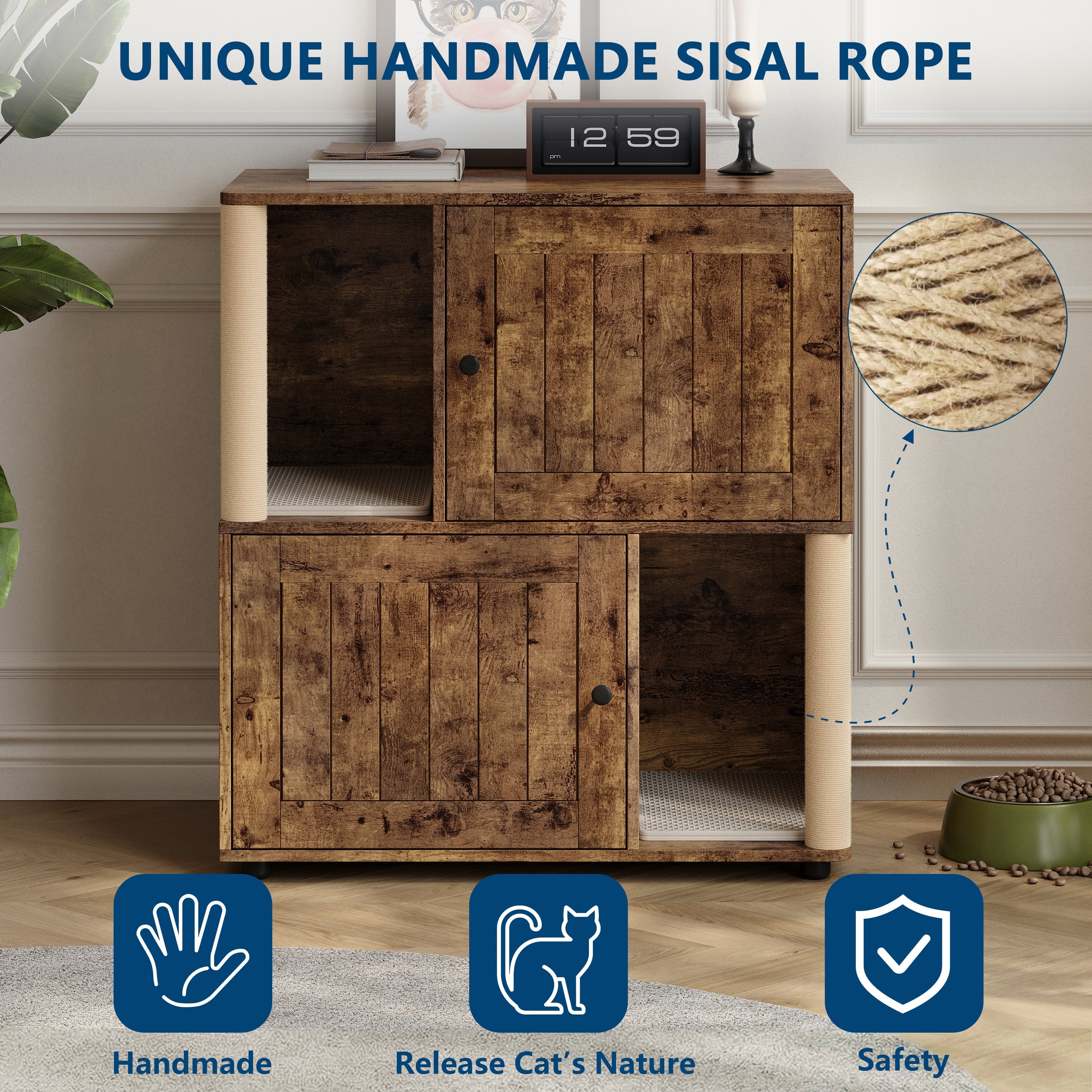 Garvee Double Cat Litter Box Enclosure for 2 Cats – 2-Tier Modern Wooden Cabinet with Built-in Sisal Marking Posts, Dual Litter Mats, Odor Control, Dog-Proof, Hidden Cat Washroom – Grooved Tigerwood