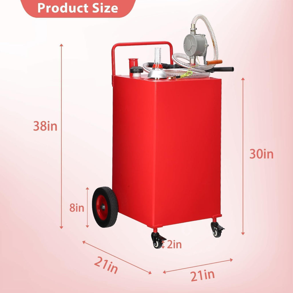 Garvee 30 Gallon Heavy Duty Fuel Caddy Portable Gas & Fuel Transfer Tank - Manual Pump, Reinforced 4-Wheel, Brakes, Hose - For Tractor, Truck, Boat, Lawn Mower, Farm Equipment - Reinforced ribs model 4 wheels - bright red powder coating - 2026 model