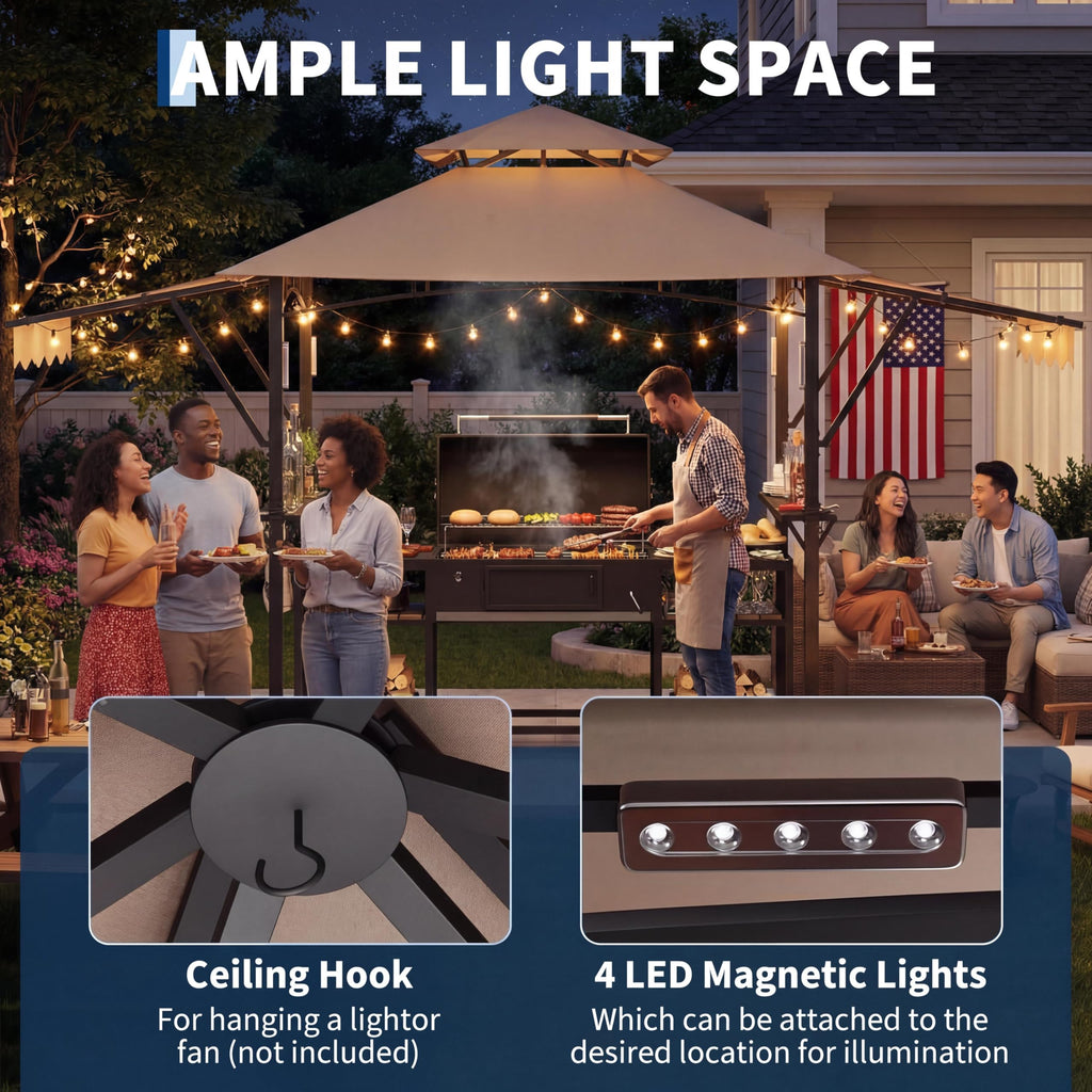 Garvee 8' × 5' Grill Gazebo with Dual Adjustable Awnings, 2-Tier Ventilated Canopy, Steel Frame, 2 Shelves & 7 Hooks, Khaki