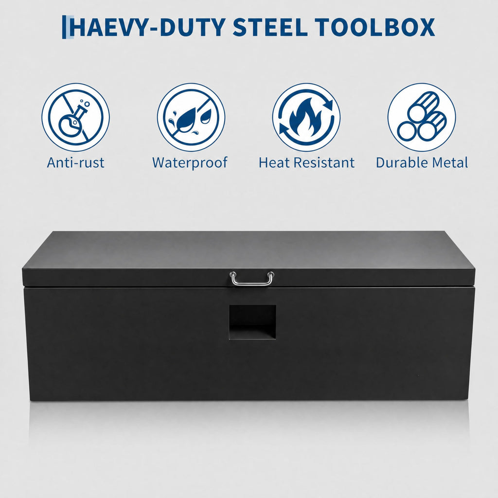 Garvee 42"X16"X14" Heavy Duty Lockable Steel Truck Bed Toolbox – Dual Lids, Weatherproof Powder-Coated, Front & Side Handles, Gas Struts for Pickup, RV, Trailer, Black