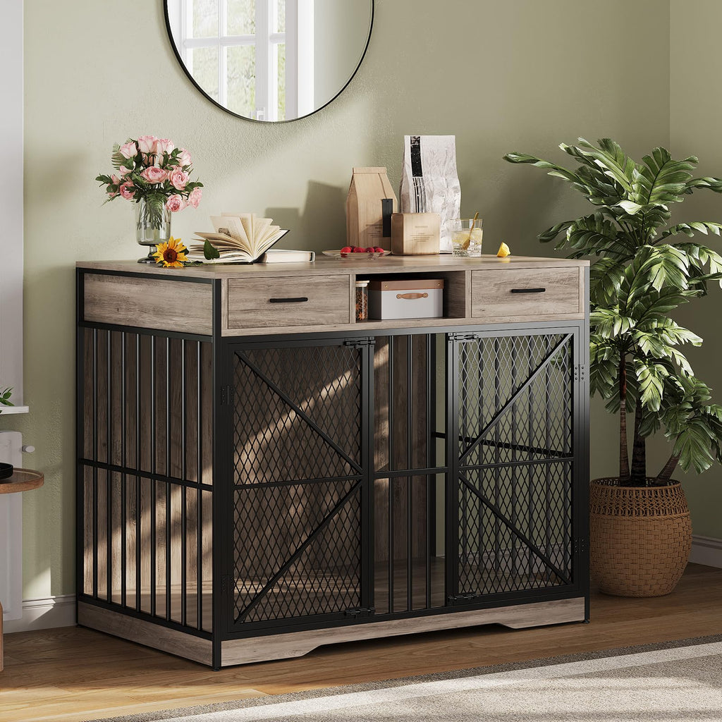 Garvee 44 Inch Dog Crate Furniture with Drawers, Wooden Dog Cage with Open Compartment & Double Doors, Heavy Duty Indoor House End Table for Small Medium Large Breeds, Vintage Brown & Black